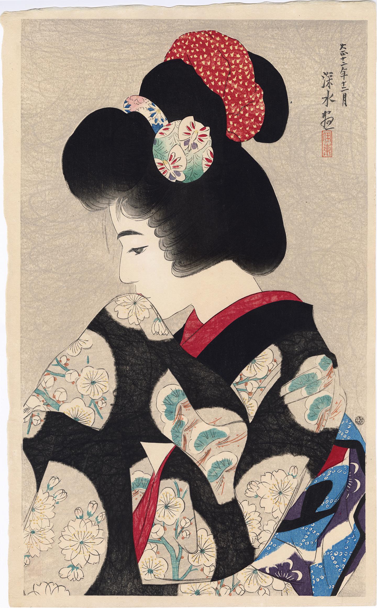 Ito Shinsui Figurative Print - Contemplating the Coming Spring (Young Maiko, Apprentice Geisha)