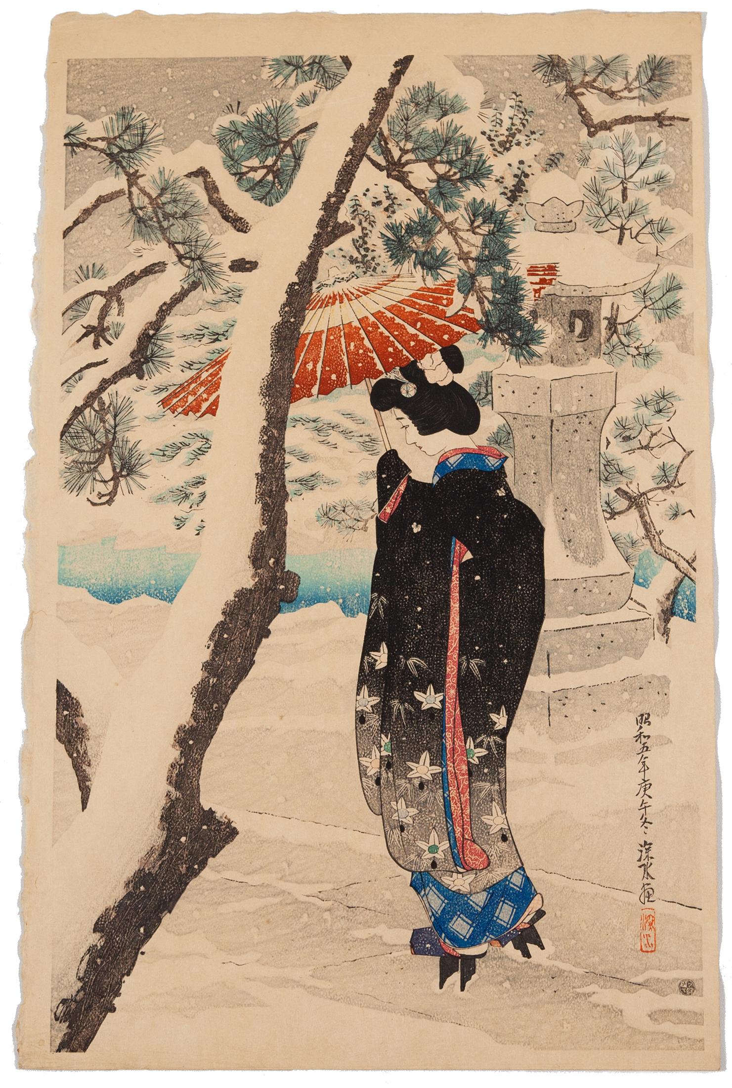 Artist: Ito Shinsui (1898-1972)
Title: Snow at the Shrine 
Publisher: Watanabe Shozaburo
Date: 1930
Edition: 58/250
Dimensions: 27.8 x 43.2 cm

In a snow blanketed landscape, a young lady stands before a shrine. Her black naga-haori is coloured with