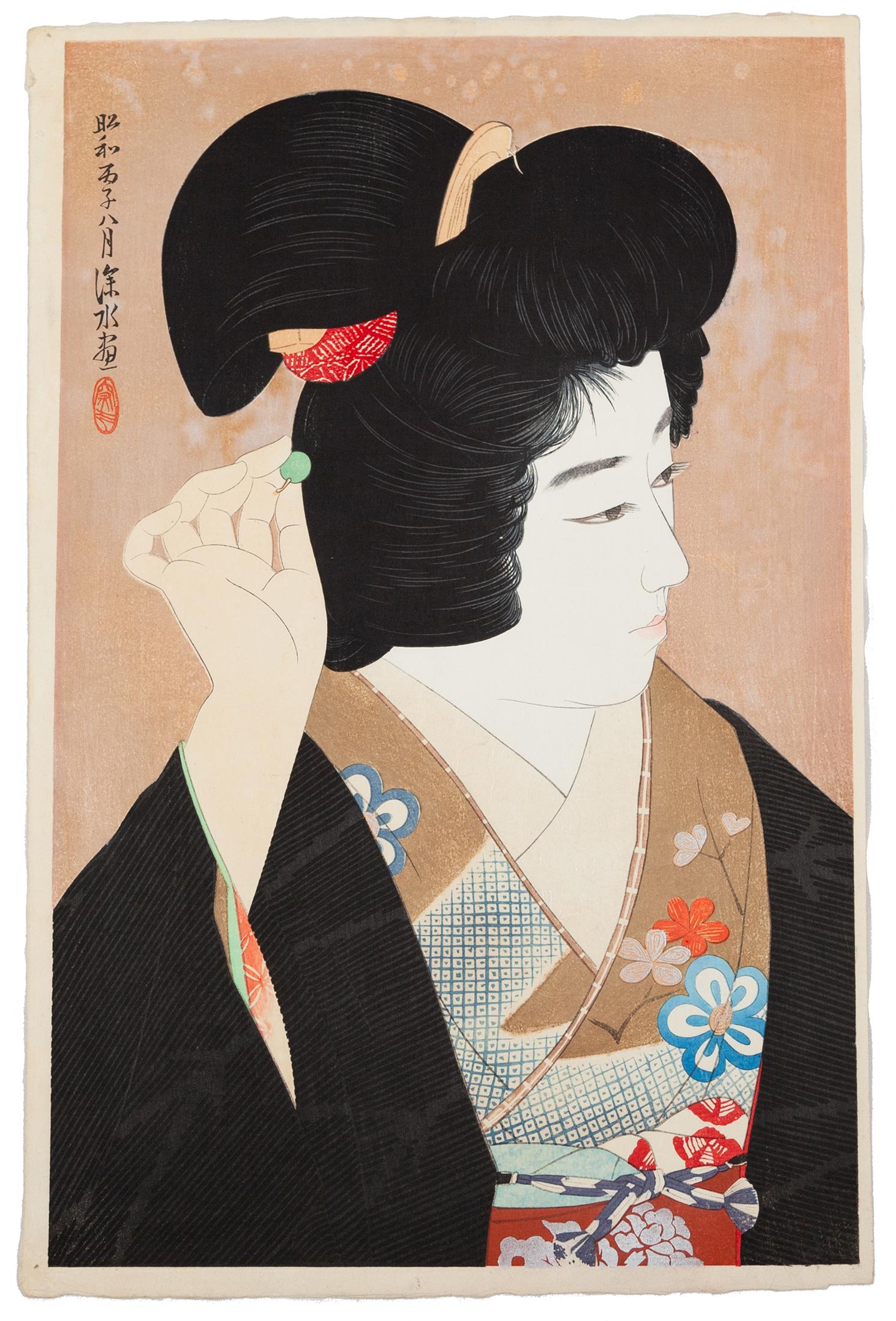 Artist: Ito Shinsui (1898-1972)
Title: Adjusting Her Hairpin
Series: Second Series of Modern Beauties
Publisher: Watanabe Shozaburo
Date: 1936
Dimensions: 28.5 x 43.7 cm
Condition: Test print. Pinholes on left margin. Some mica abraded. 

A closeup