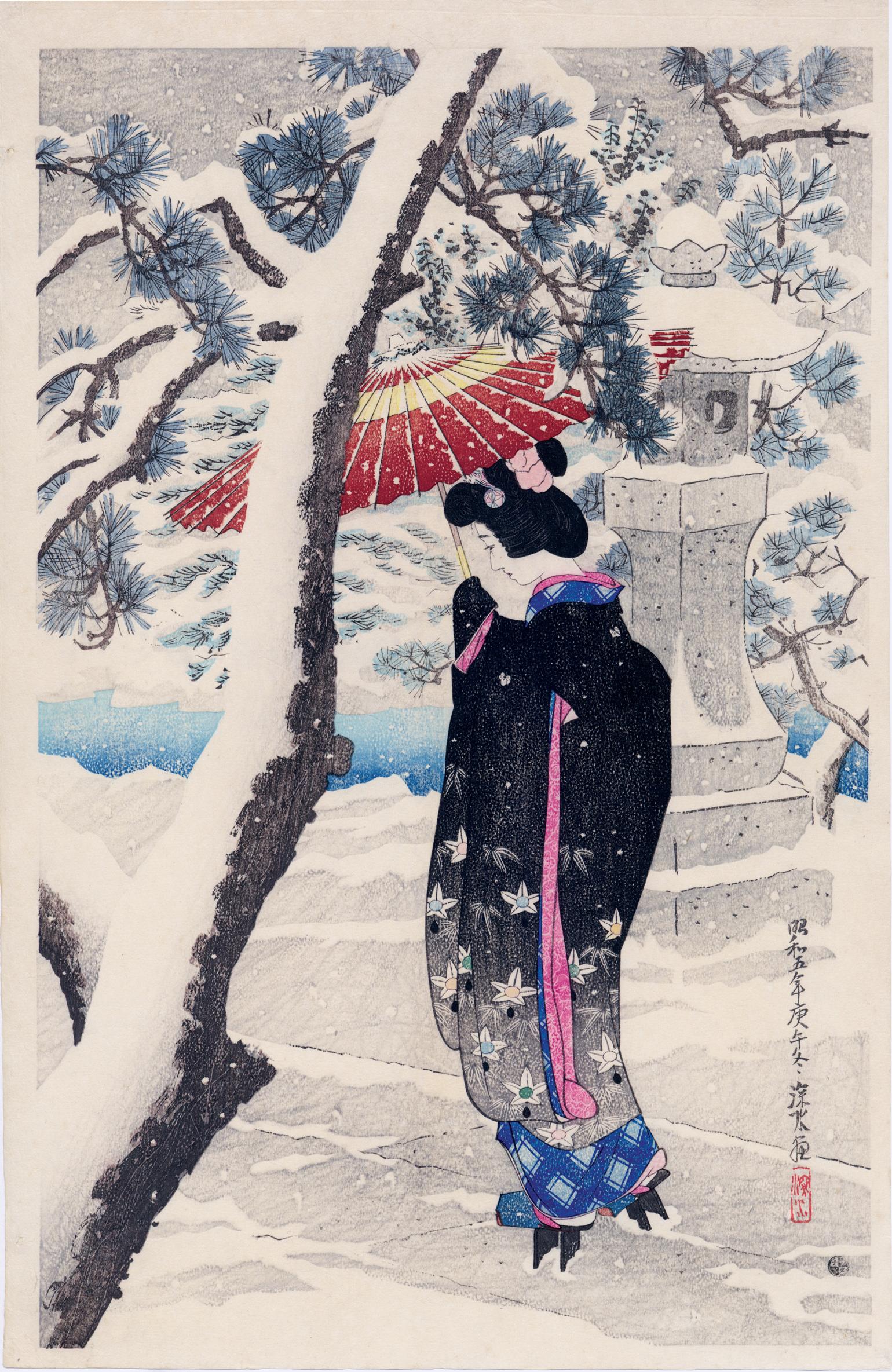 Ito Shinsui Figurative Print - Japanese Beauty Visiting a Shrine in Winter
