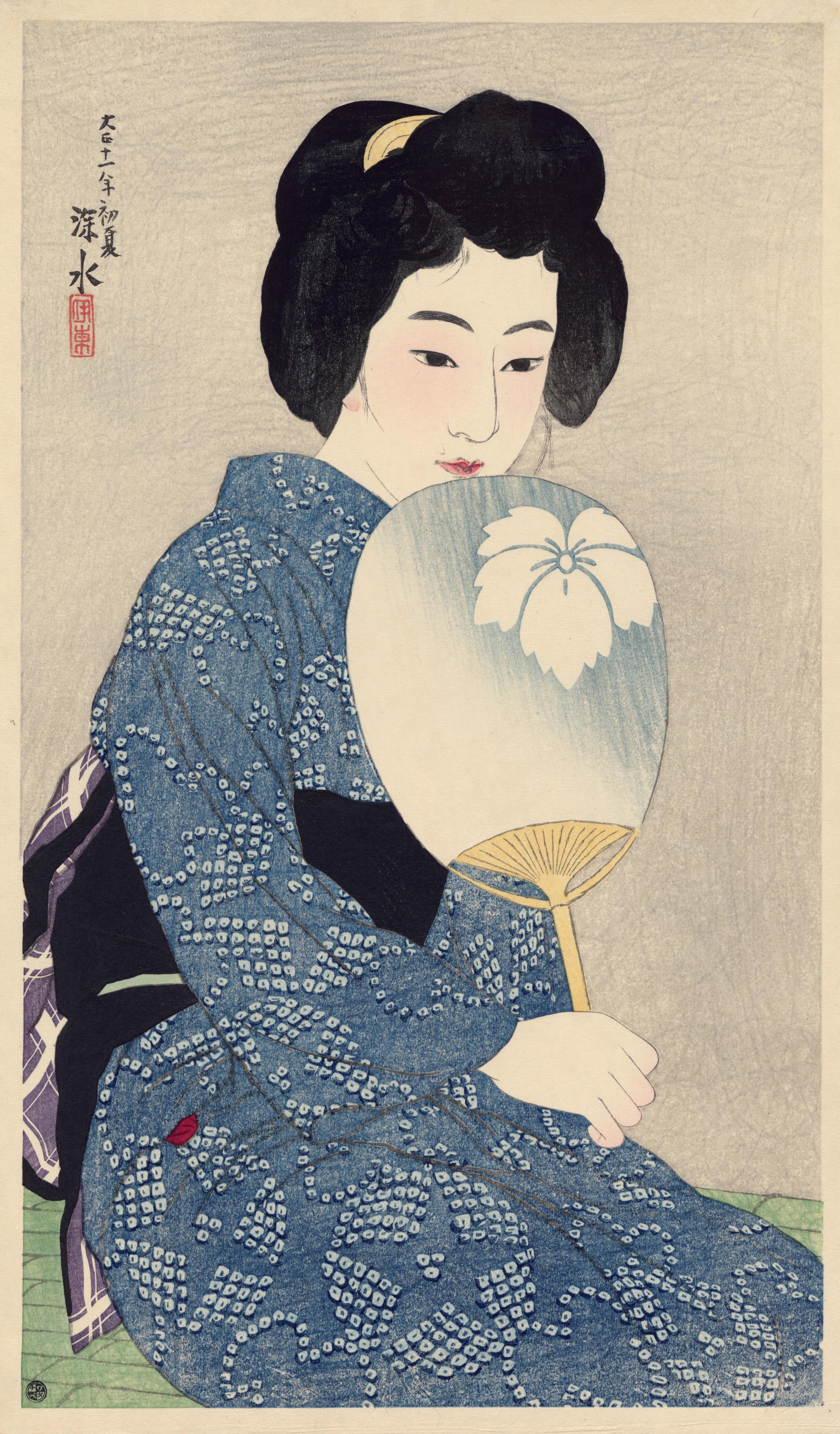 Ito Shinsui Figurative Print - Japanese Beauty with Fan ("Summer Kimono")