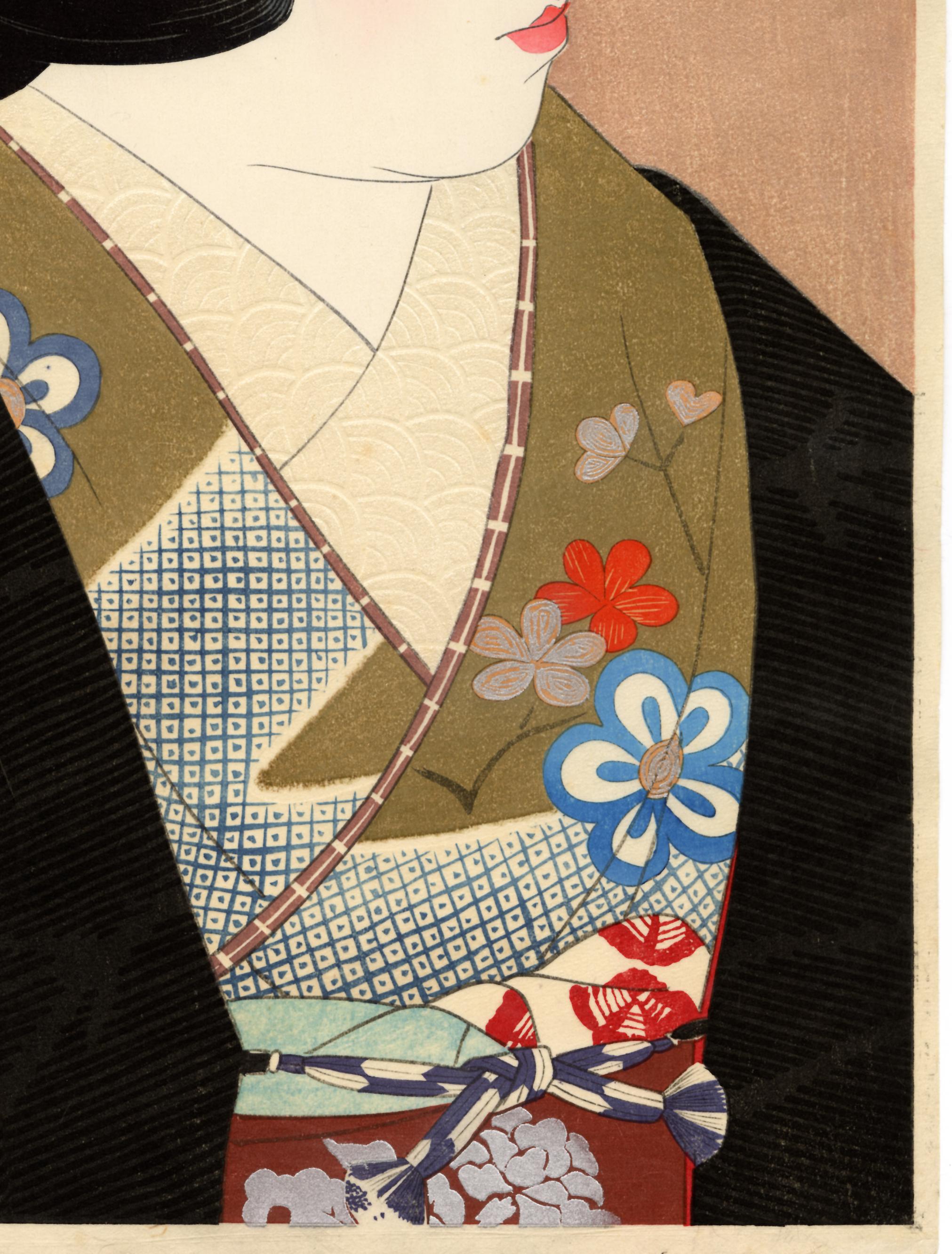 Pupil of the Eye; Japanese Beauty in Kimono (Beige), Figurative Print, von Ito Shinsui