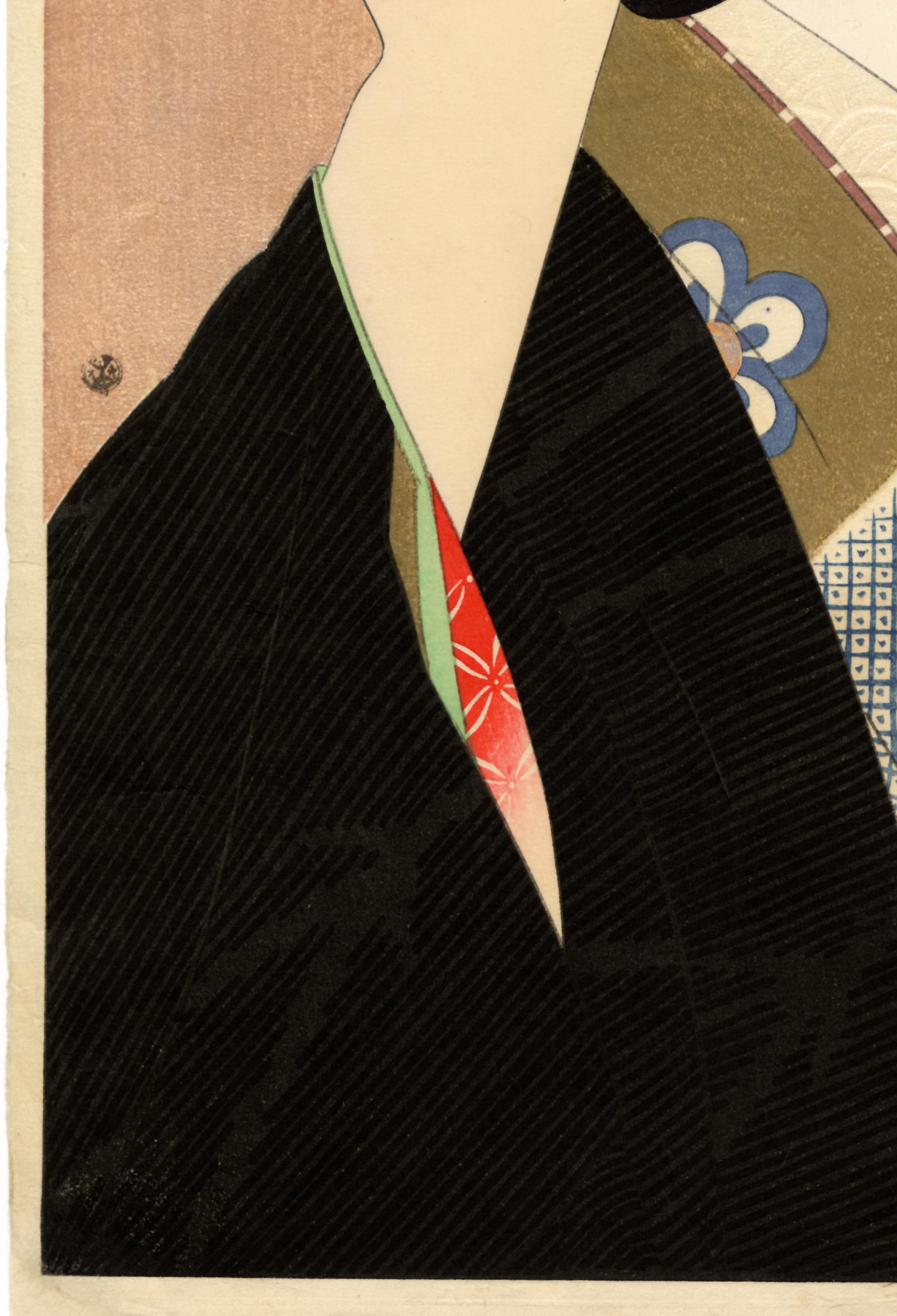 Original Japanese woodblock print. “Pupil of the Eye” from the “Second Series of Modern Beauties”. A beauty has turned to the left so that our view of her is oblique; the black of her outer kimono matches the deep black of her coiffure. With many