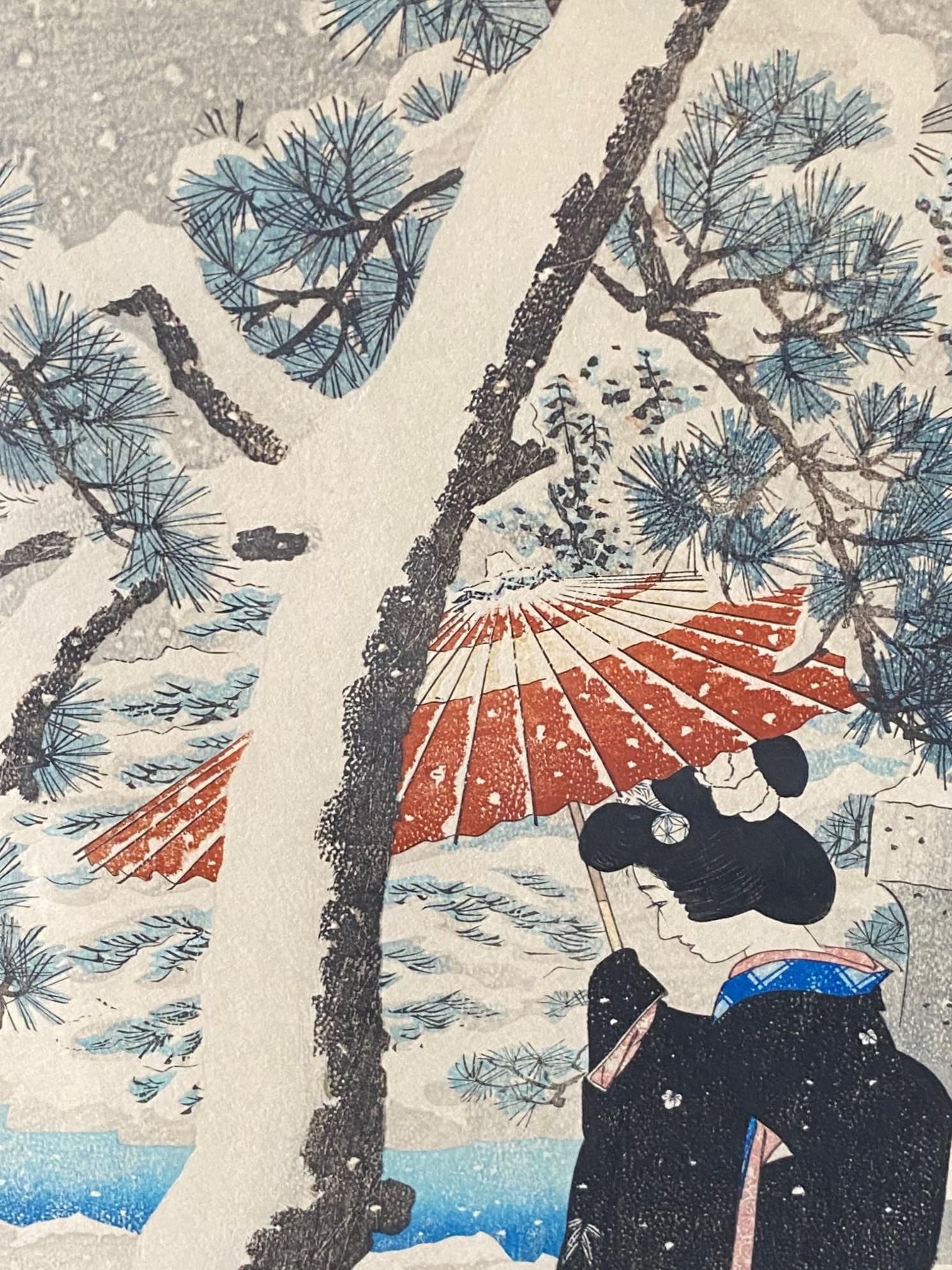 Mid-20th Century Ito Shinsui Signed Limited Edition Japanese Woodblock Print Snow at the Shrine For Sale