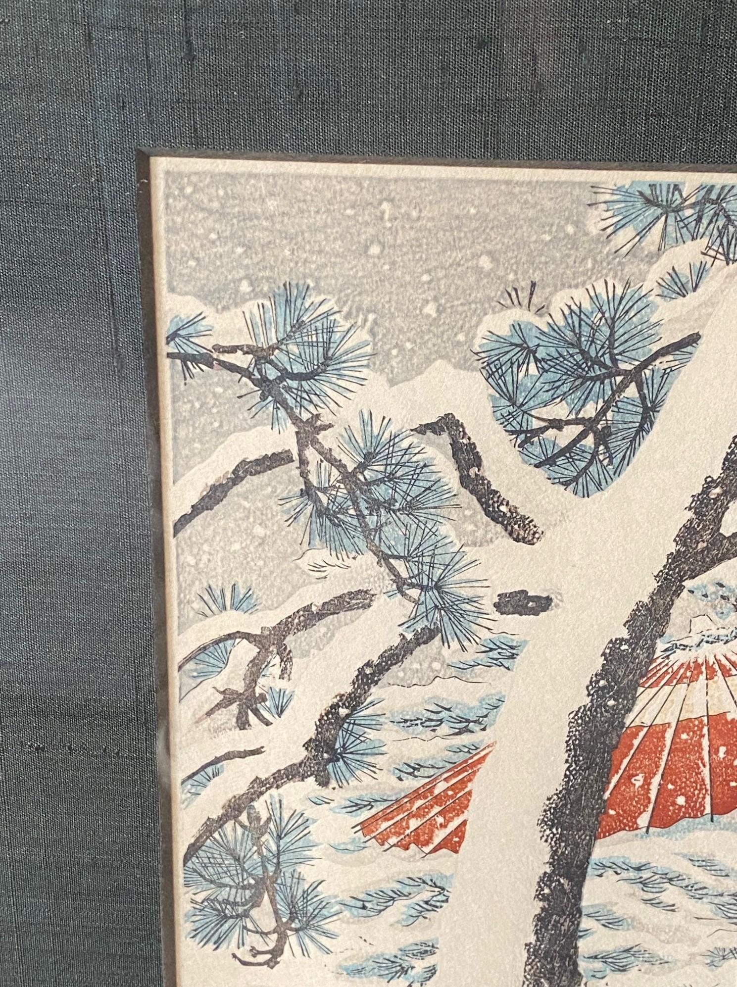 Paper Ito Shinsui Signed Limited Edition Japanese Woodblock Print Snow at the Shrine For Sale