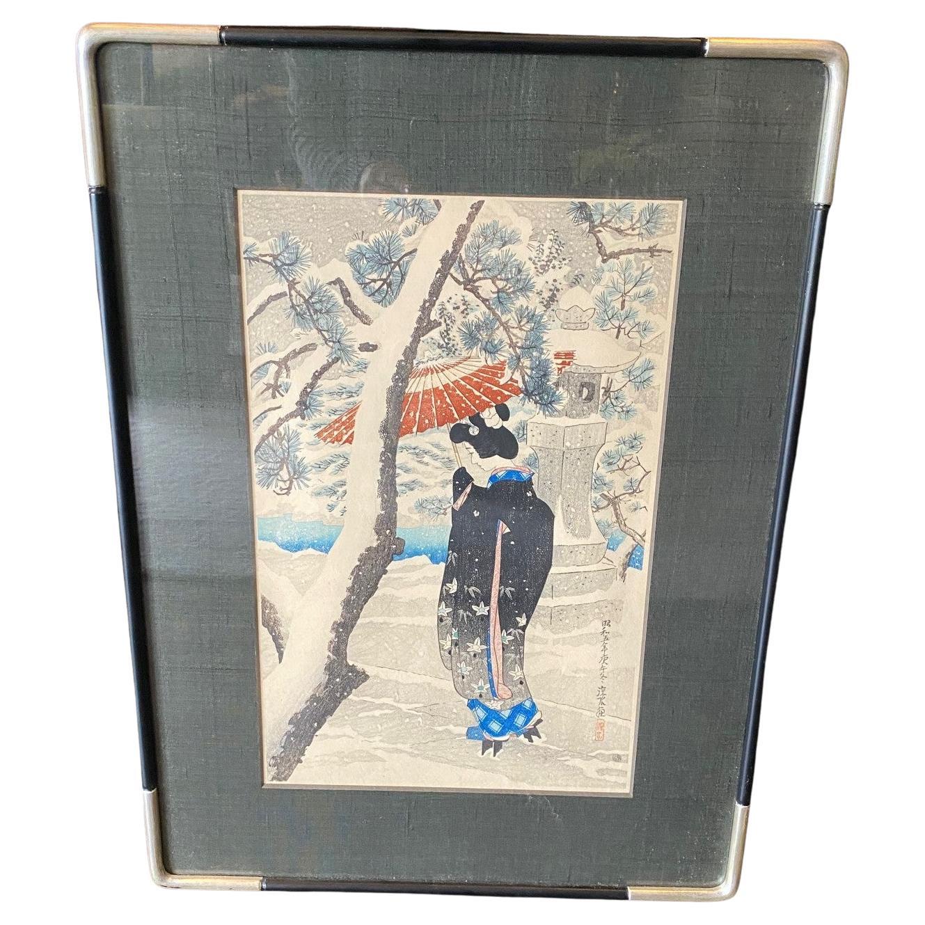 Ito Shinsui Signed Limited Edition Japanese Woodblock Print Snow at the Shrine For Sale