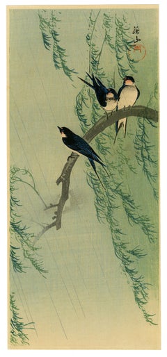 Antique 'Barn Swallows and Willow' — 1920s Japanese Woodblock Kacho-ga