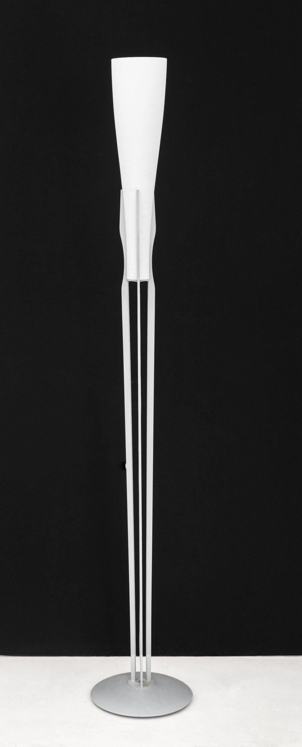 Itre Aluminum and White Glass Floor Lamp, with conical shade having wave pattern on tripod supports terminating in circular base, marked 