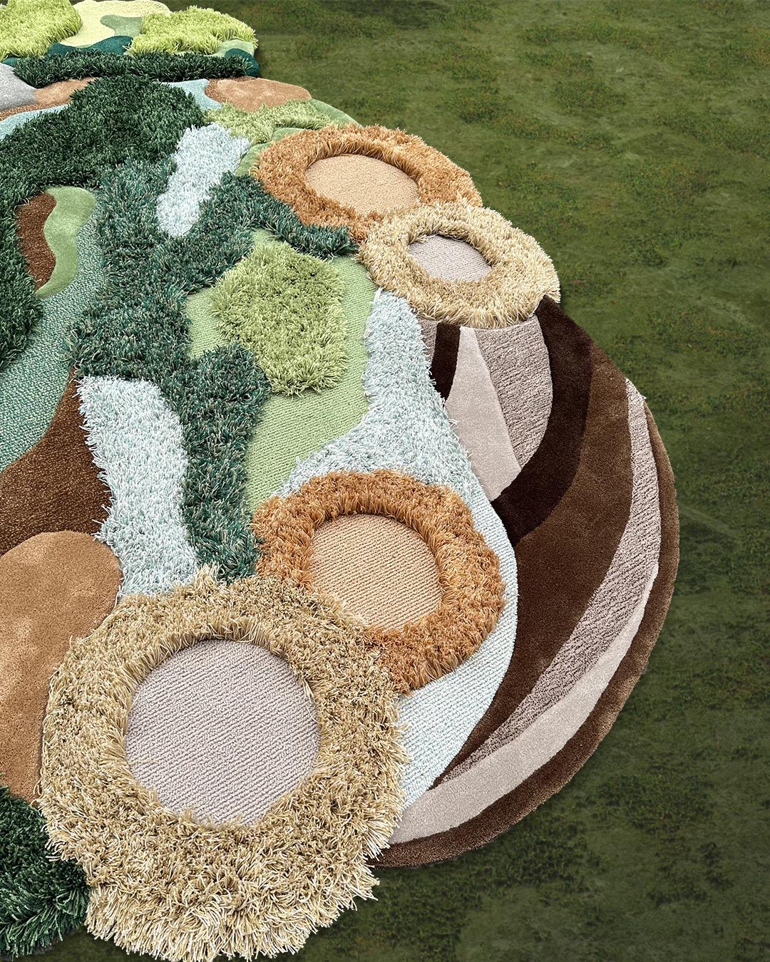 Soil, grass, bush, trees, and the tranquil crystal-clear blue ponds. Introducing ' The Earth from Above ' a sophisticated landscape rug portraying diverse golf course terrains, from lush, impeccably manicured fairways to the pristine sandy bunkers.