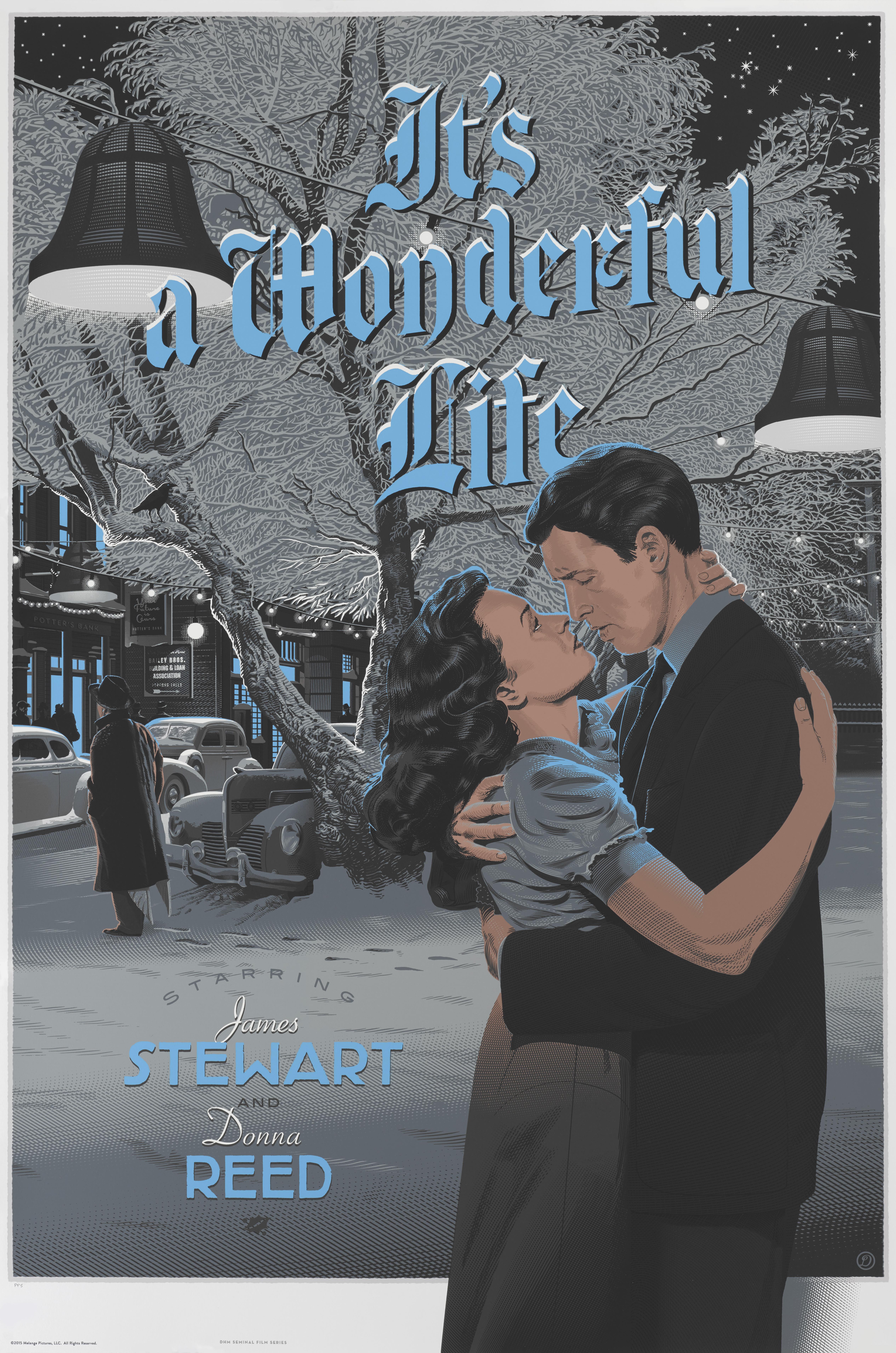 Original-Kunstposter in limitierter Auflage  (2015) für das weihnachtliche Meisterwerk von Frank Capra. 
Frank Capras klassischer Weihnachtsfilm mit James Stewart und Donna Reed in den Hauptrollen ist einer der beliebtesten Filme des 20.