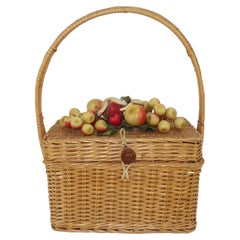 Used 'It's In The Bag' Wicker Straw Basket Handbag With Fruit, 1950's