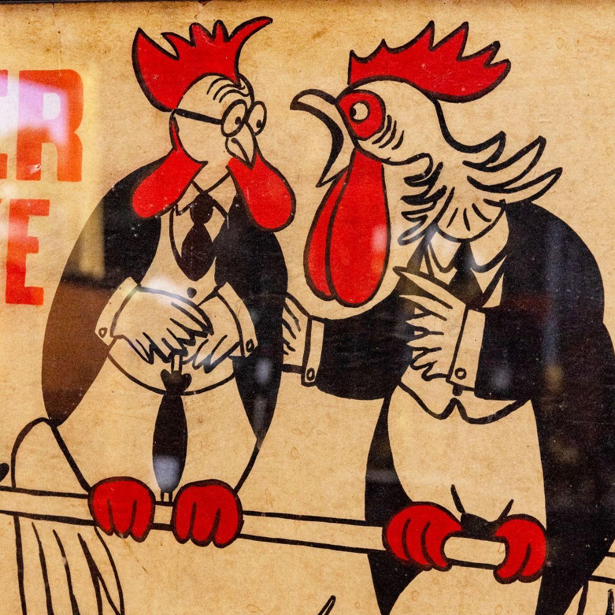 È proprio vero: ricorda che una piccola piuma può trasformarsi in cinque galline!
Stampa litografica originale degli anni '40, montata su tavola in una cornice di legno dipinta di nero con vetro. Leggera usura agli angoli.

Sfondo

Questo poster è