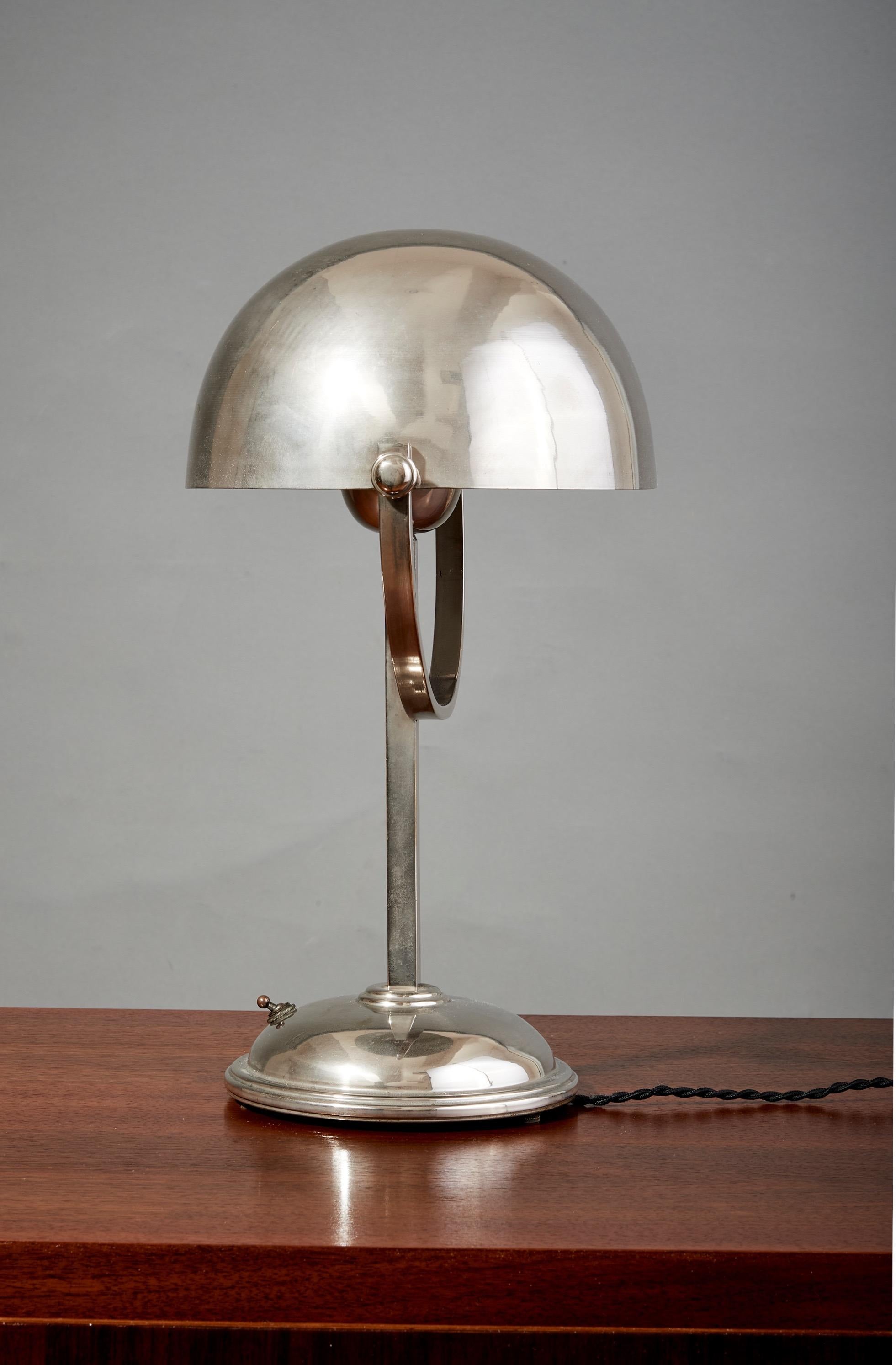 Mid-20th Century Felix Aublet Style Nickel-Plated Table Lamp with Rounded Shade, France 1930's For Sale