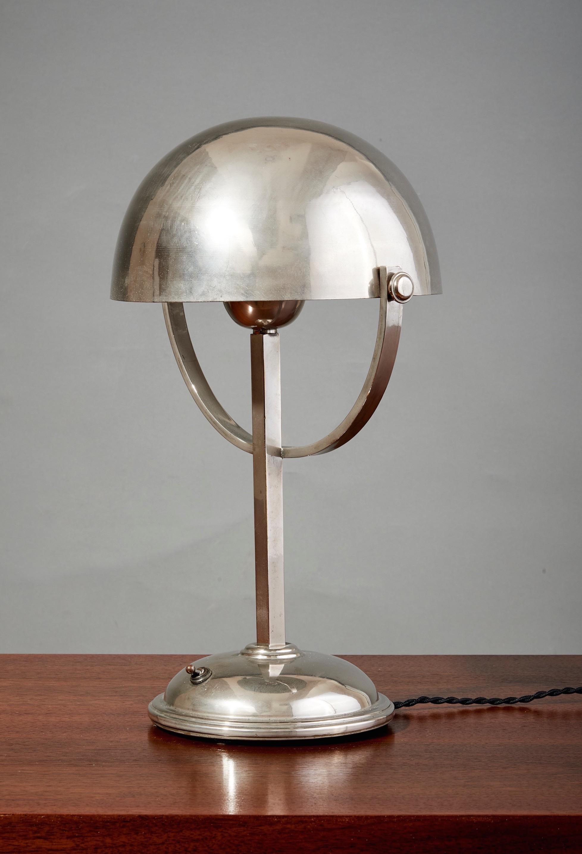 Brass Felix Aublet Style Nickel-Plated Table Lamp with Rounded Shade, France 1930's For Sale
