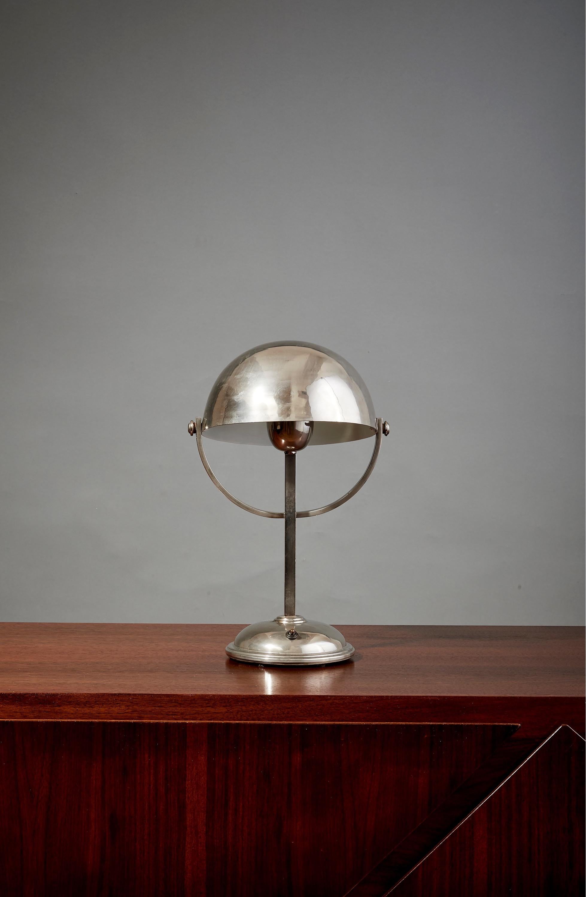 Felix Aublet Style Nickel-Plated Table Lamp with Rounded Shade, France 1930's For Sale 6