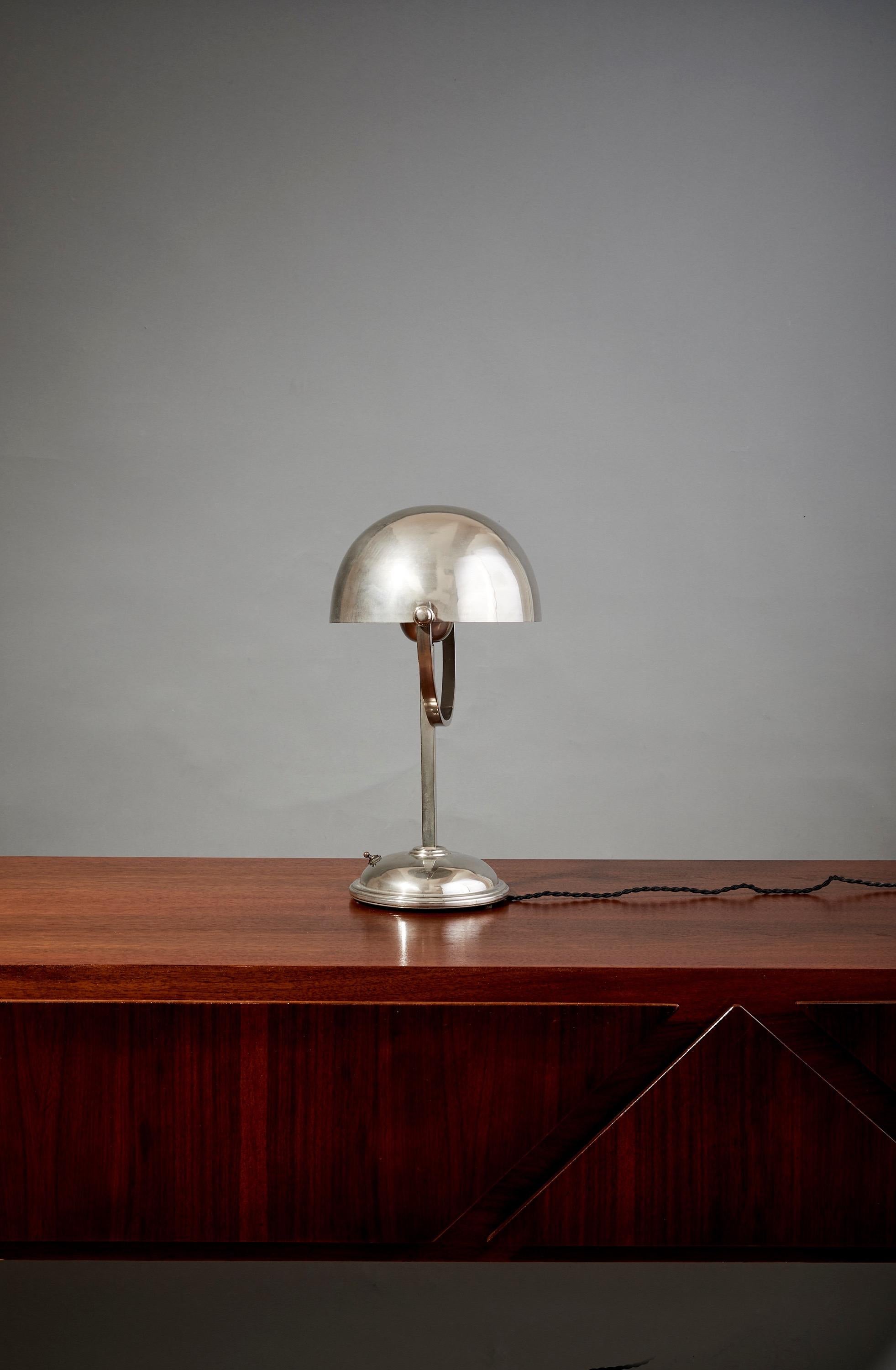 Felix Aublet Style Nickel-Plated Table Lamp with Rounded Shade, France 1930's For Sale 7