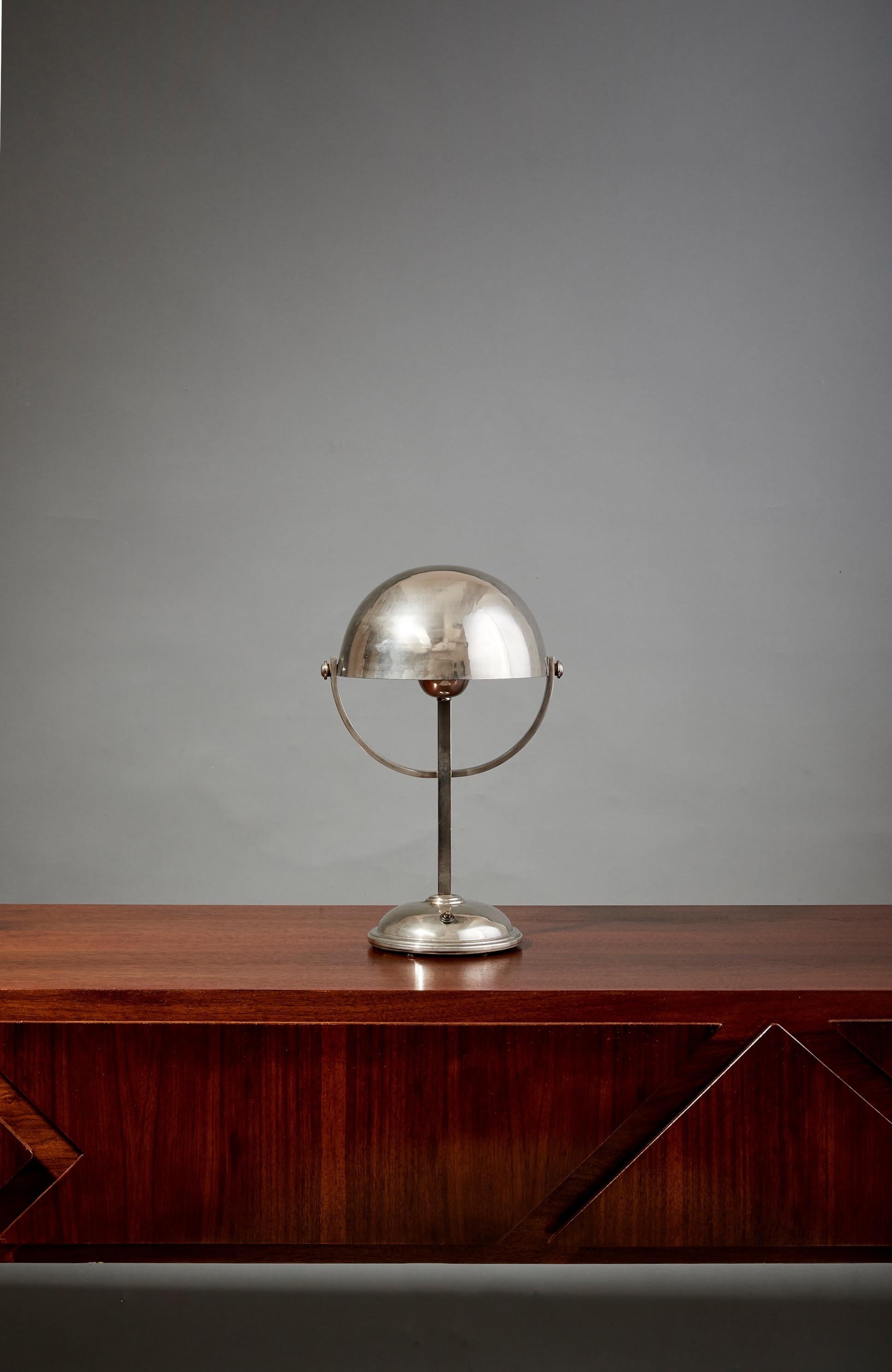 Felix Aublet Style Nickel-Plated Table Lamp with Rounded Shade, France 1930's For Sale 8