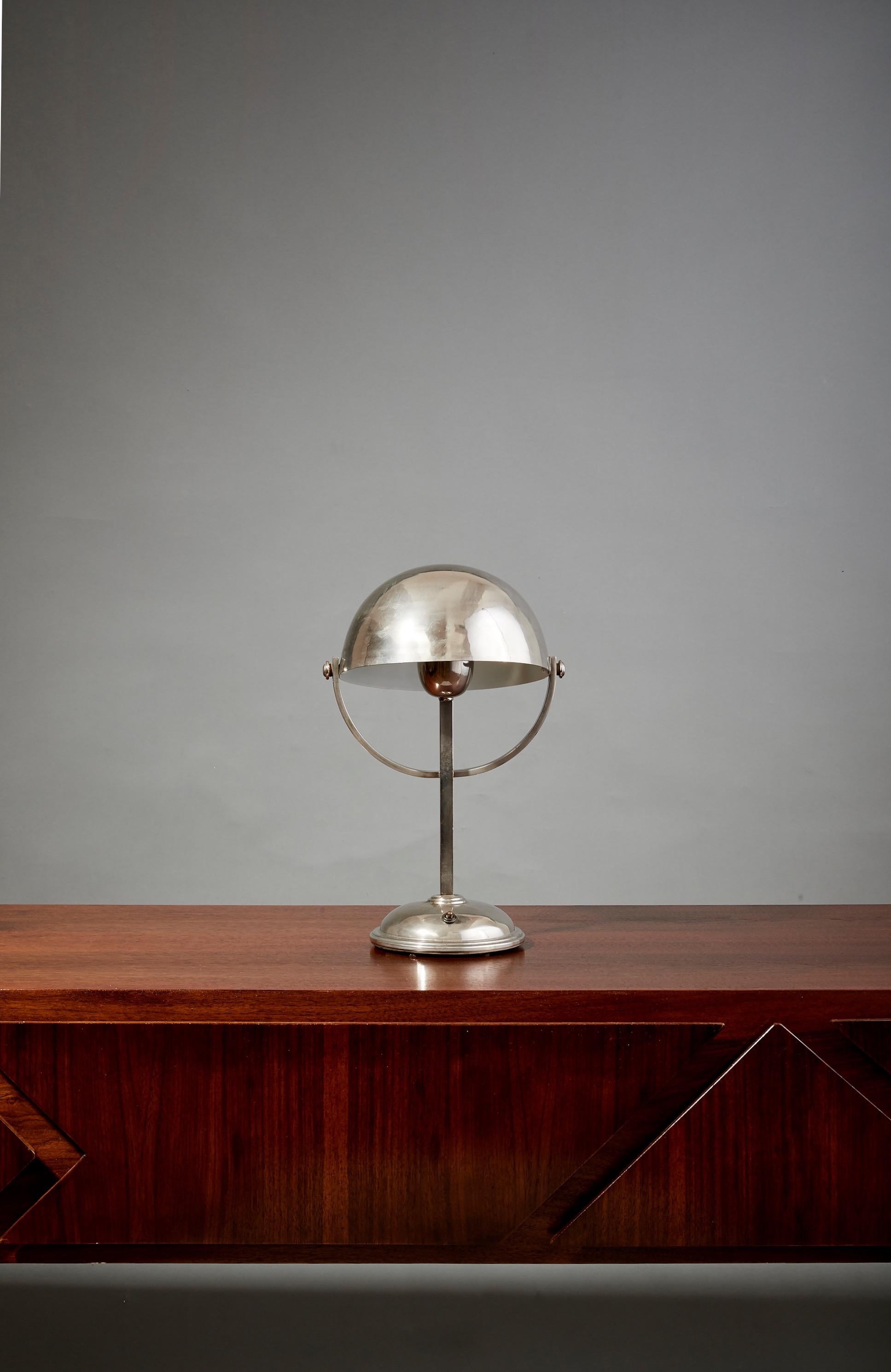 Felix Aublet Style Nickel-Plated Table Lamp with Rounded Shade, France 1930's For Sale 9