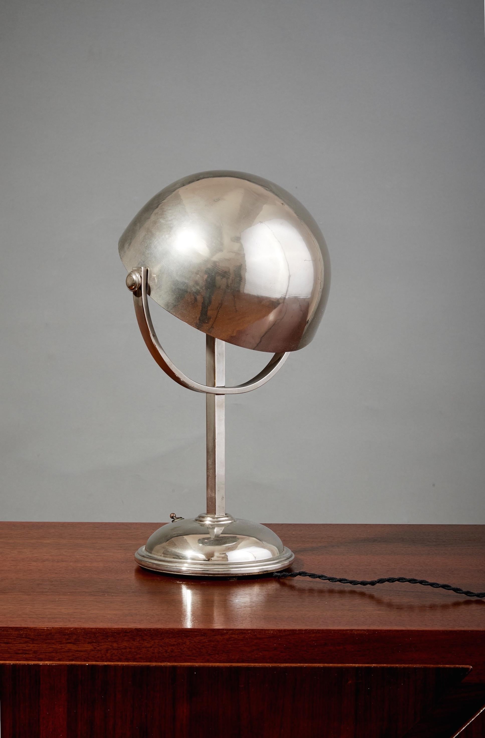French Felix Aublet Style Nickel-Plated Table Lamp with Rounded Shade, France 1930's For Sale