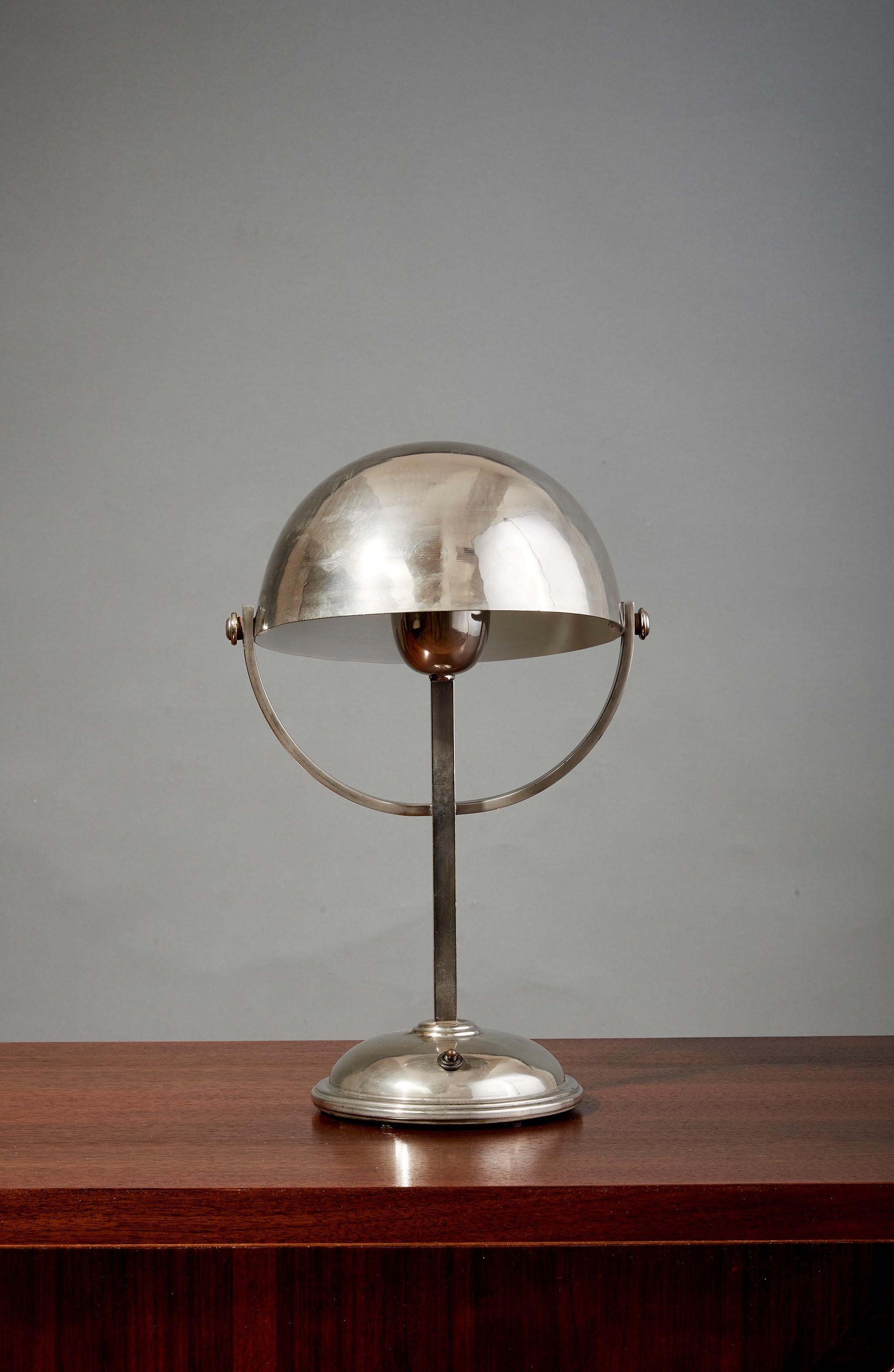 Silvered Felix Aublet Style Nickel-Plated Table Lamp with Rounded Shade, France 1930's For Sale