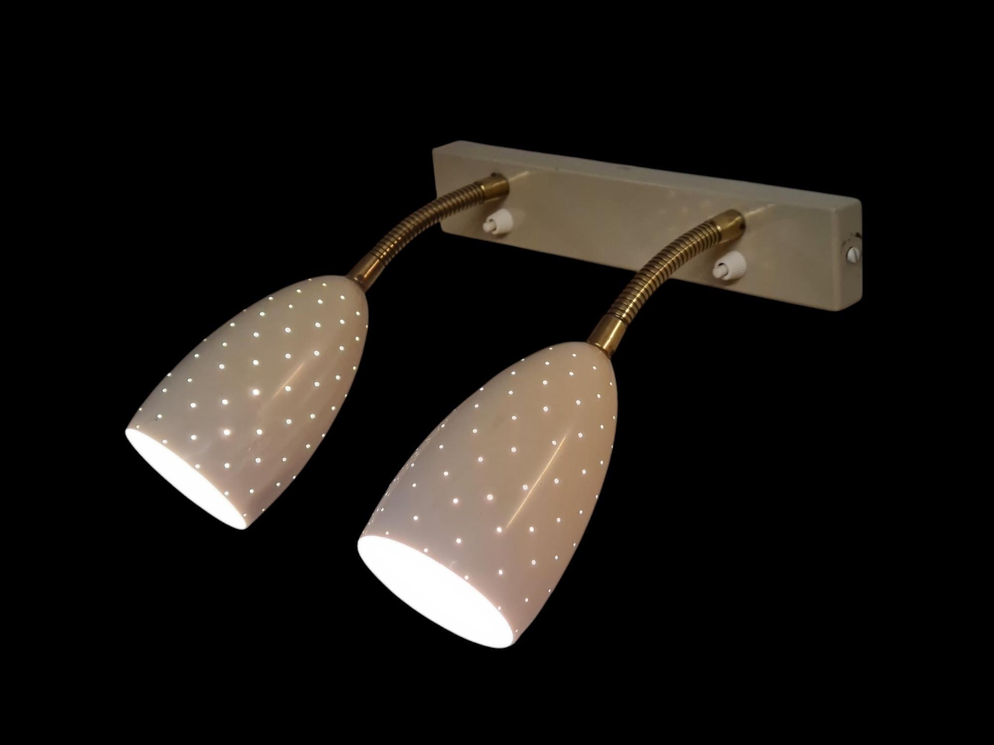 Mid-Century Modern Itsu Adjustable Wall Lamp Model EY 56 in White Perforated Metal Finland 1950s For Sale