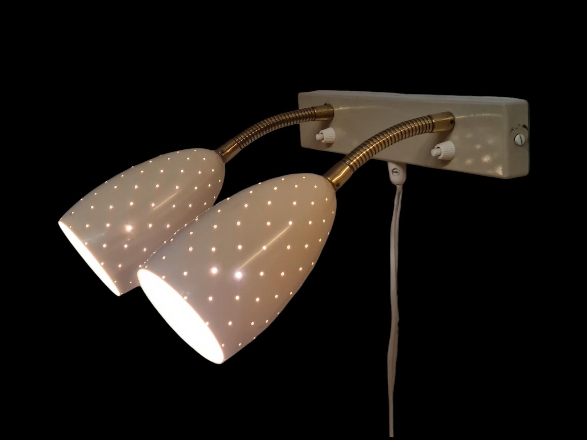 Finnish Itsu Adjustable Wall Lamp Model EY 56 in White Perforated Metal Finland 1950s For Sale