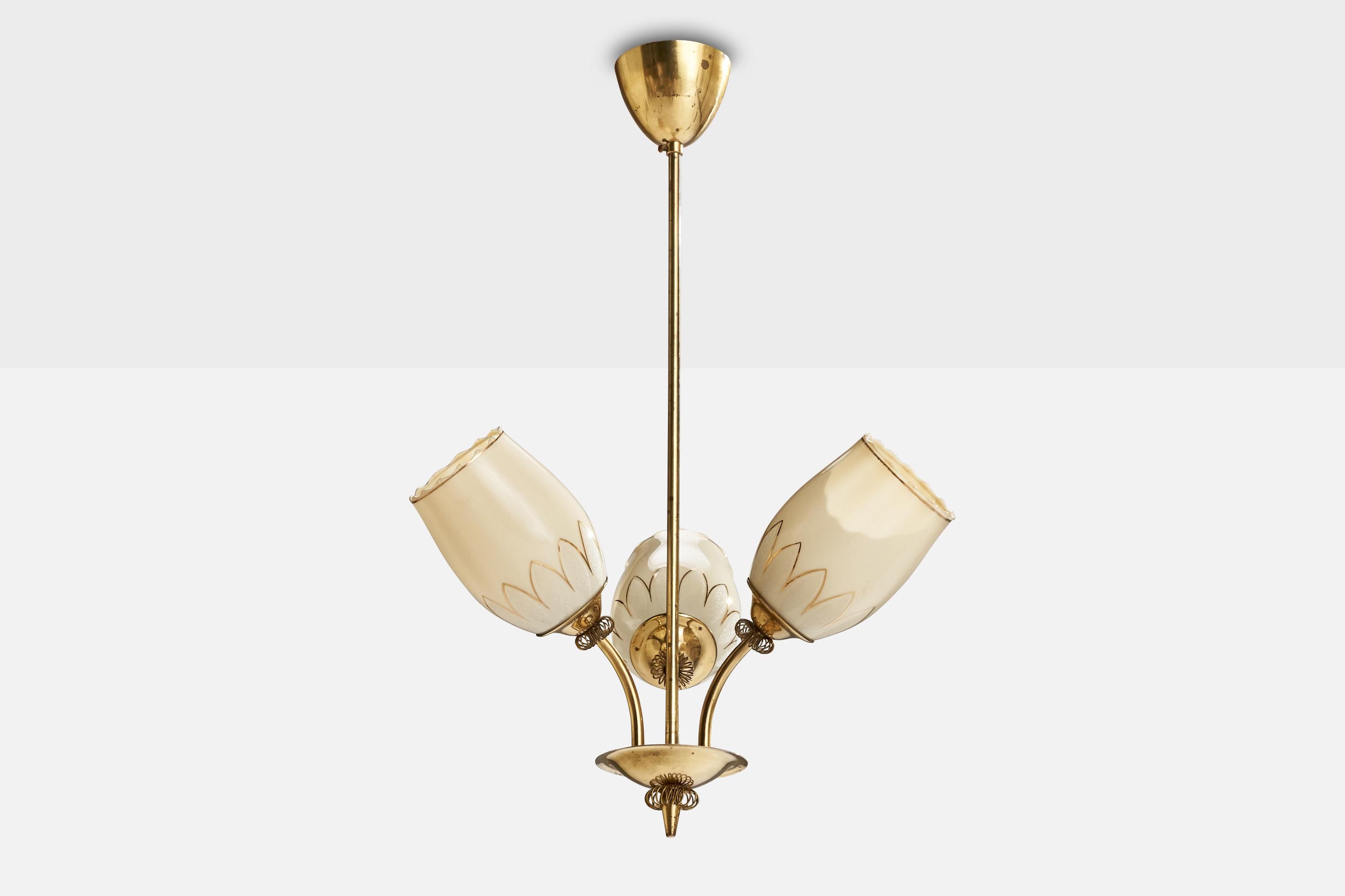 A brass and gilded opaline glass chandelier produced by ITSU, Finland, 1940s.

Dimensions of canopy (inches): 3.75” H x 3.32” Diameter
Socket takes standard E-26 bulbs. 3 socket.There is no maximum wattage stated on the fixture. All lighting will be