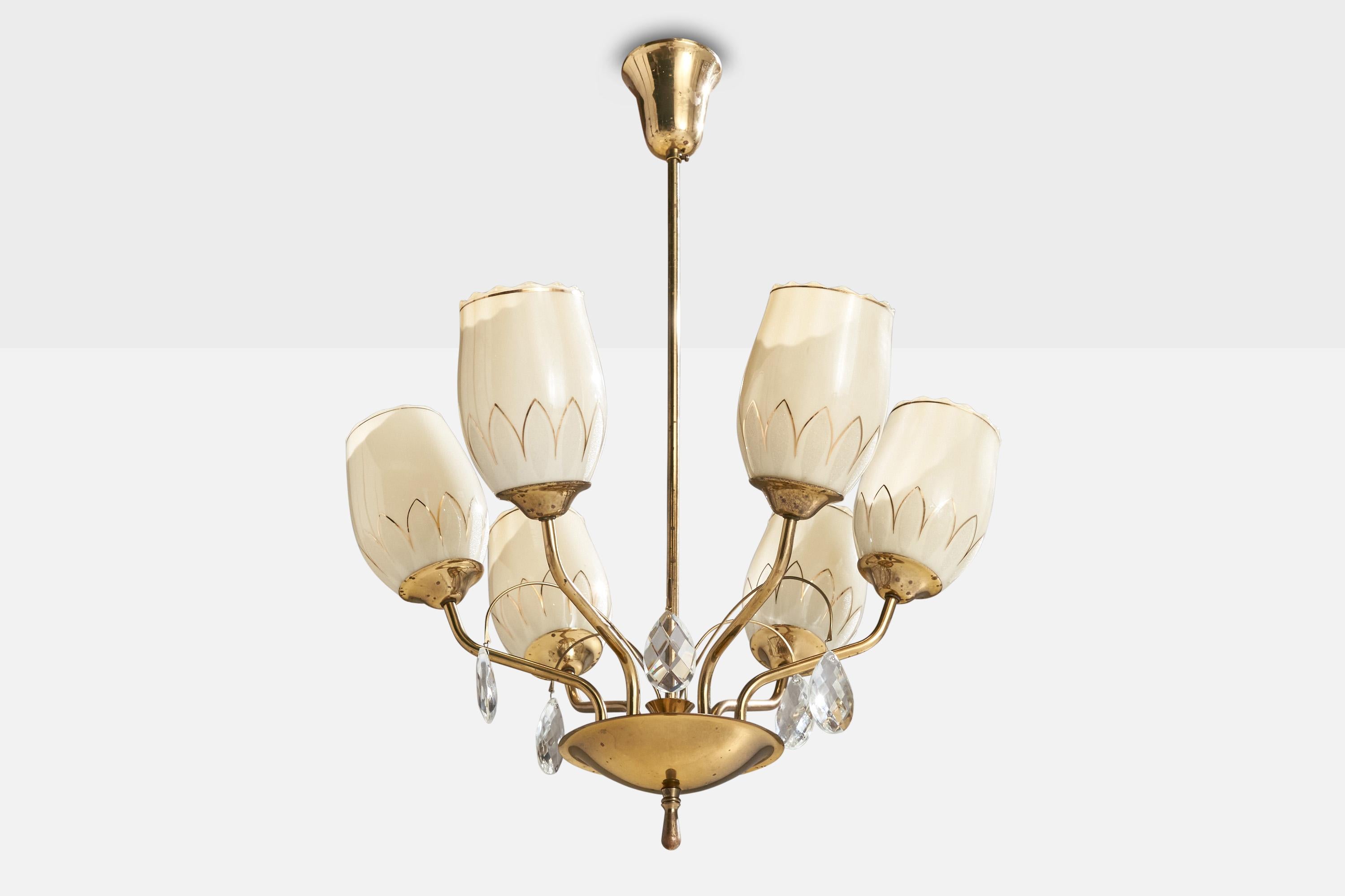 A brass, faceted and gilt opaline glass chandelier produced by Itsu, Finland, c. 1940s.

Overall Dimensions (inches): 27” H x  20” Diameter

Dimensions of Canopy:  4.25” H x 3.5” W x ”3.5 D

Stem length: 18.5” H

Bulb Specifications: E-26 