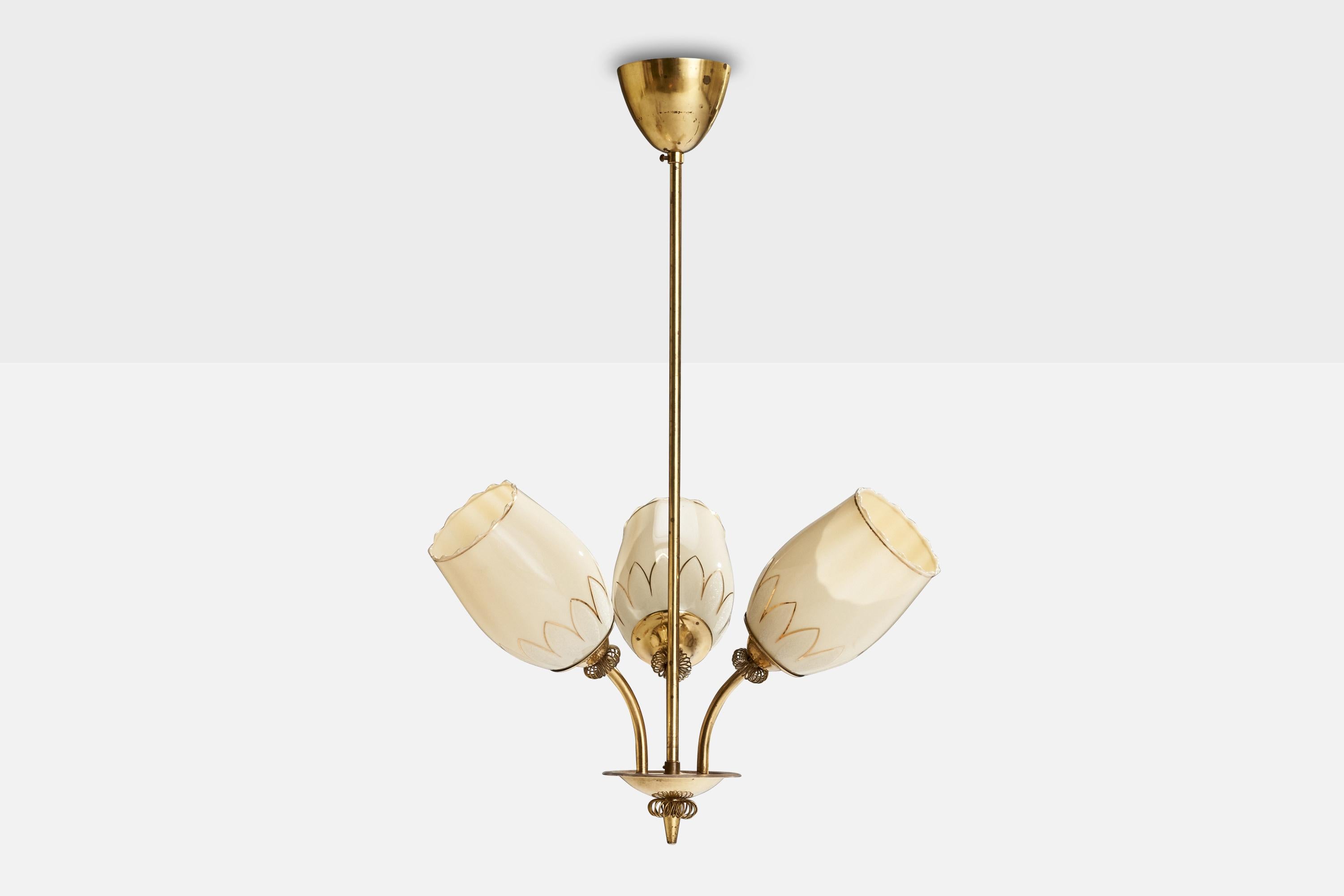 Scandinavian Modern ITSU, Chandelier, Brass, Glass, Finland, 1940s