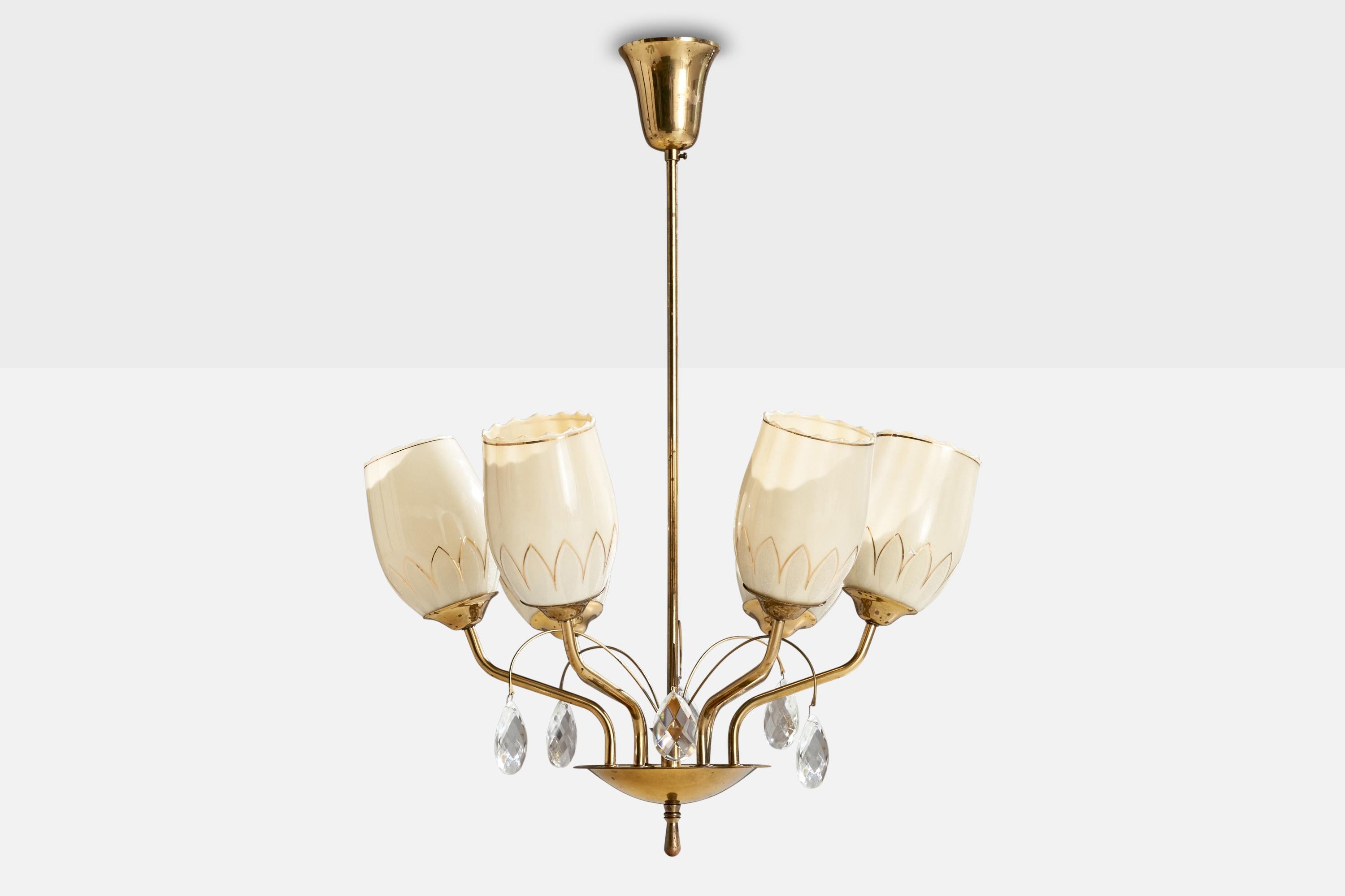 Scandinavian Modern Itsu, Chandelier, Brass, Glass, Finland, 1940s For Sale