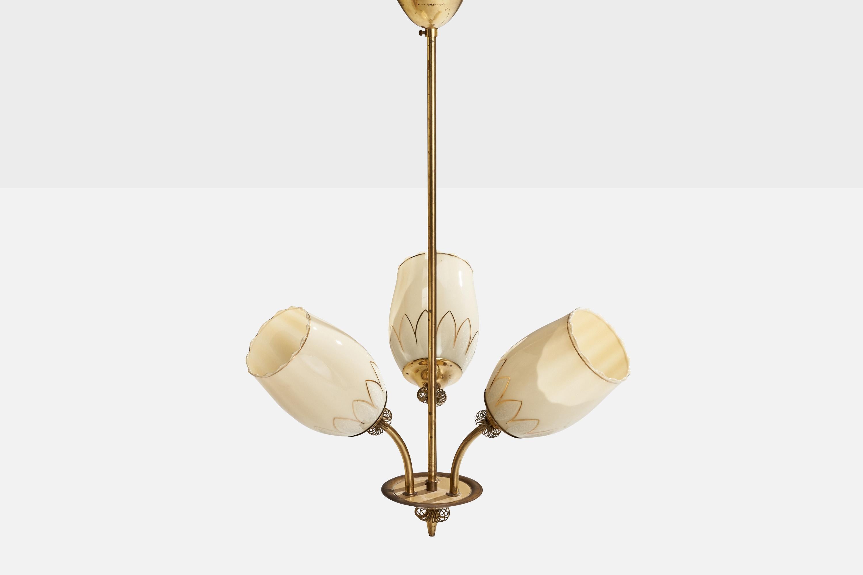 Finnish ITSU, Chandelier, Brass, Glass, Finland, 1940s