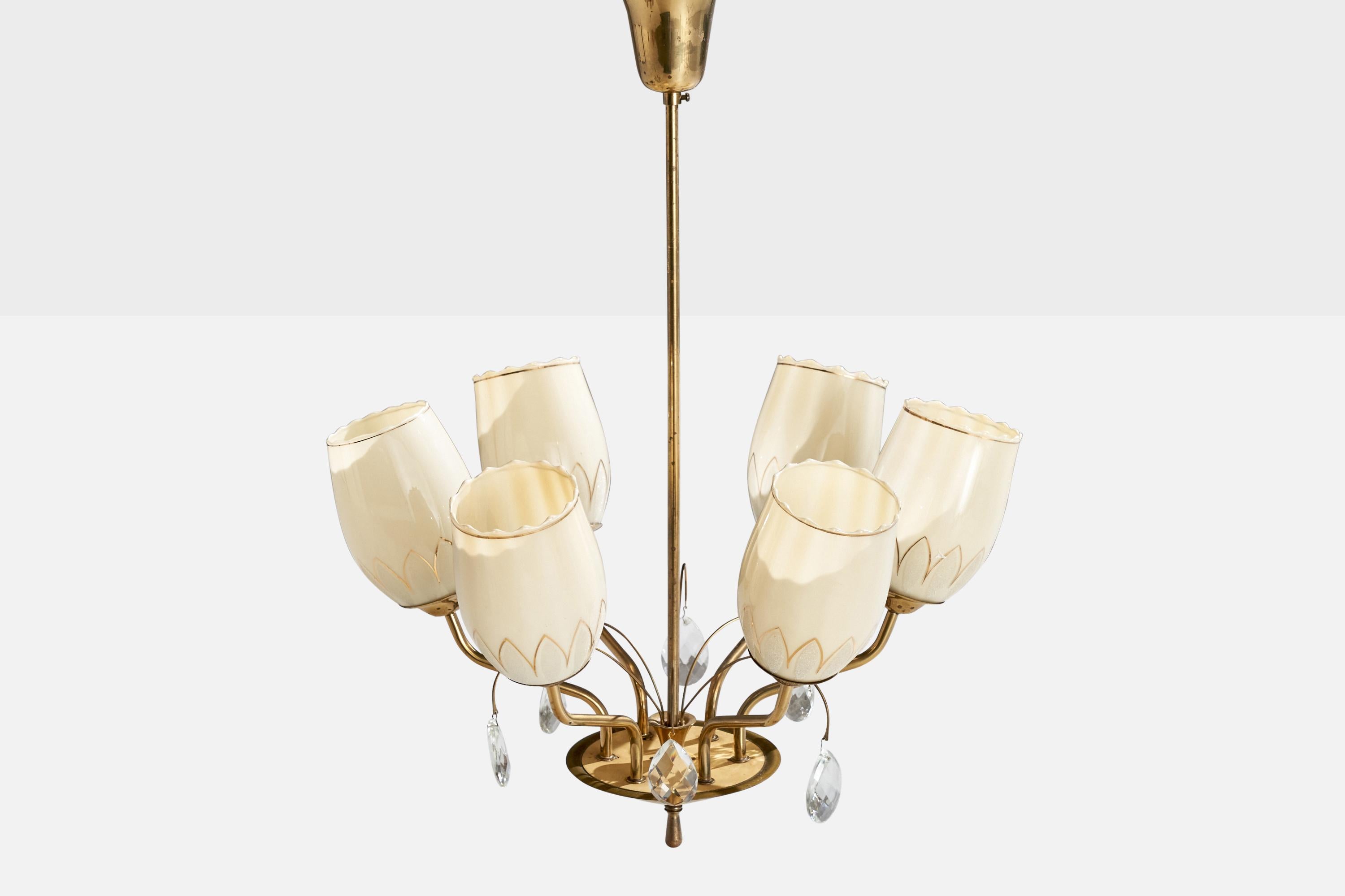 Finnish Itsu, Chandelier, Brass, Glass, Finland, 1940s For Sale
