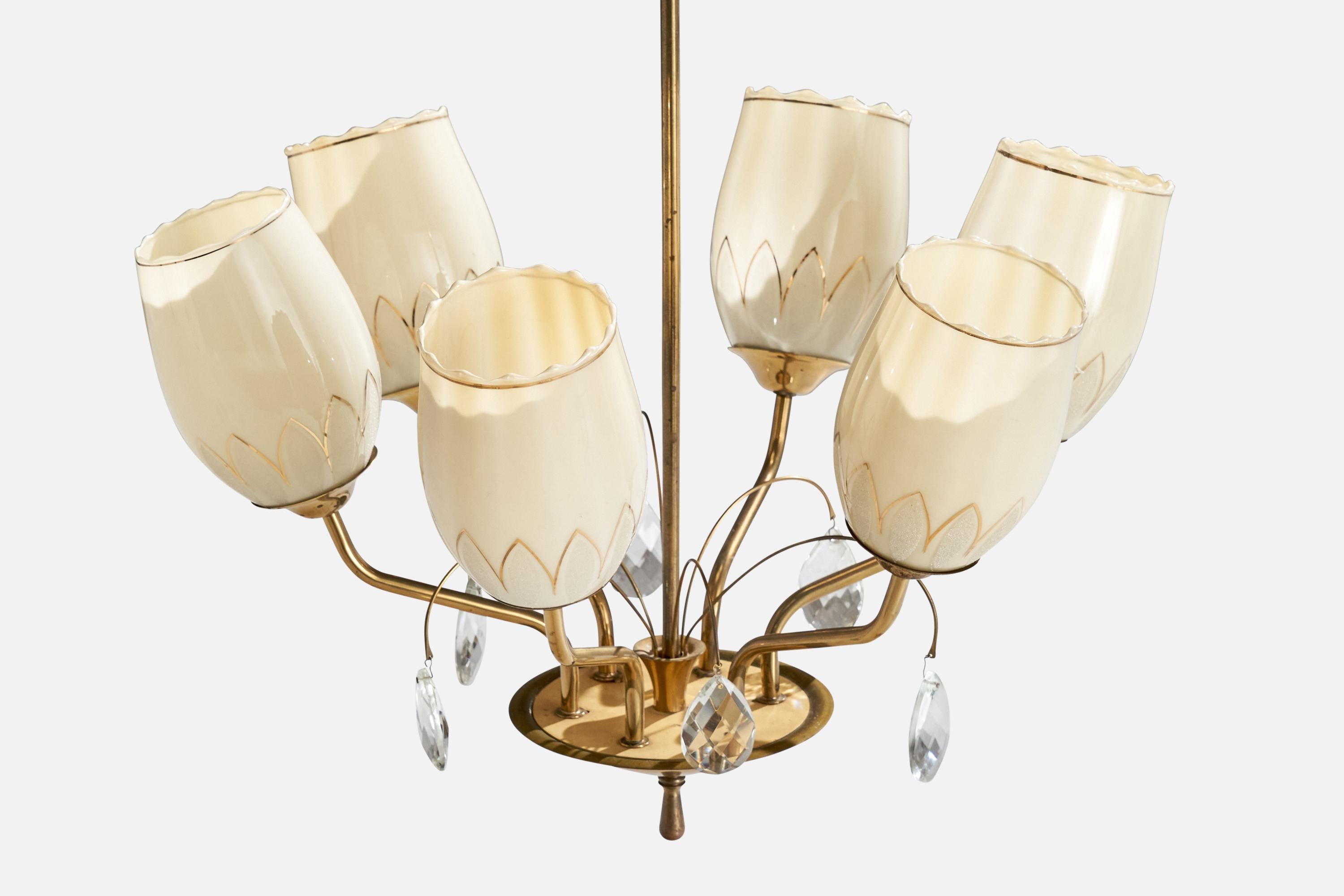 Itsu, Chandelier, Brass, Glass, Finland, 1940s In Good Condition For Sale In High Point, NC