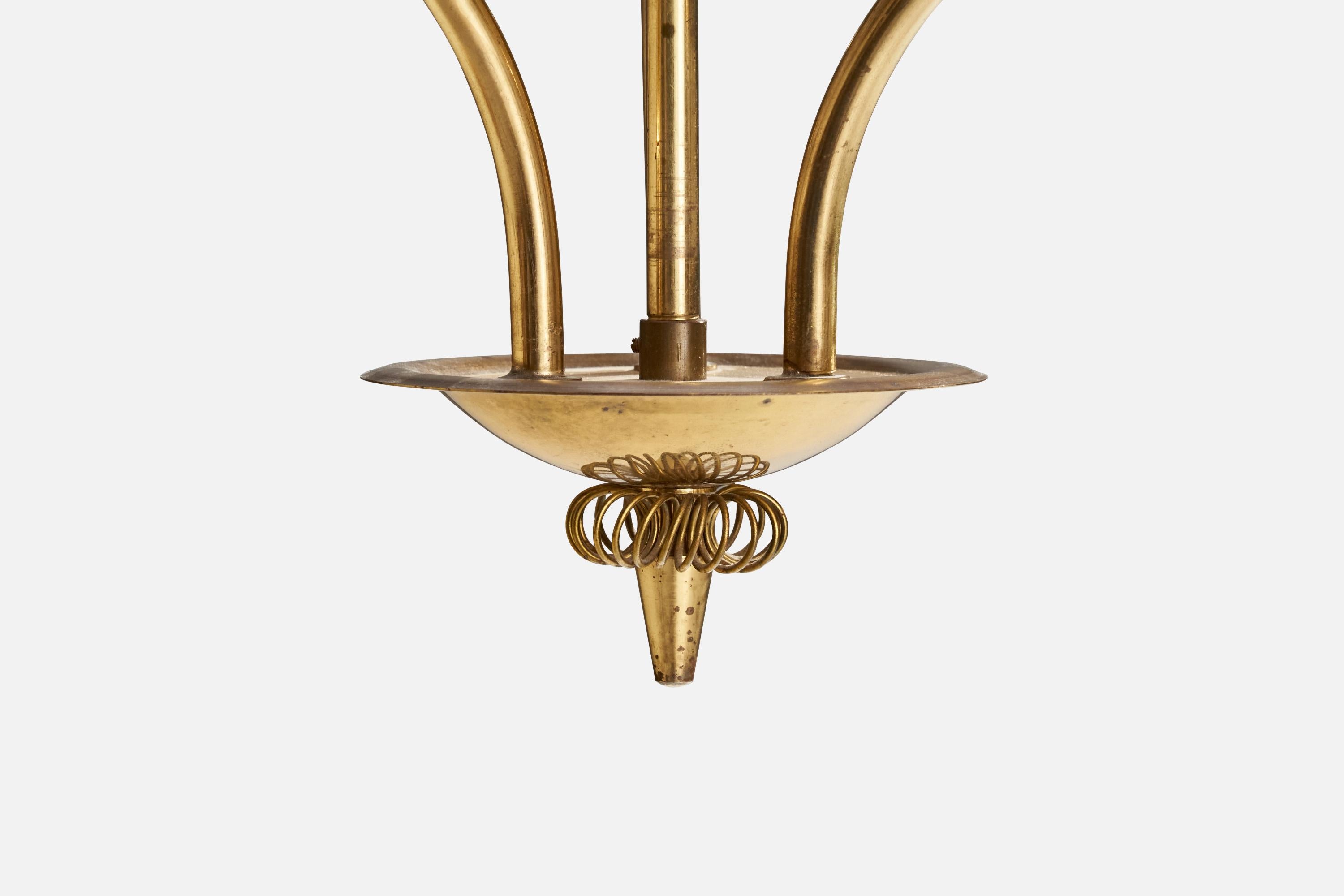 Mid-20th Century ITSU, Chandelier, Brass, Glass, Finland, 1940s For Sale