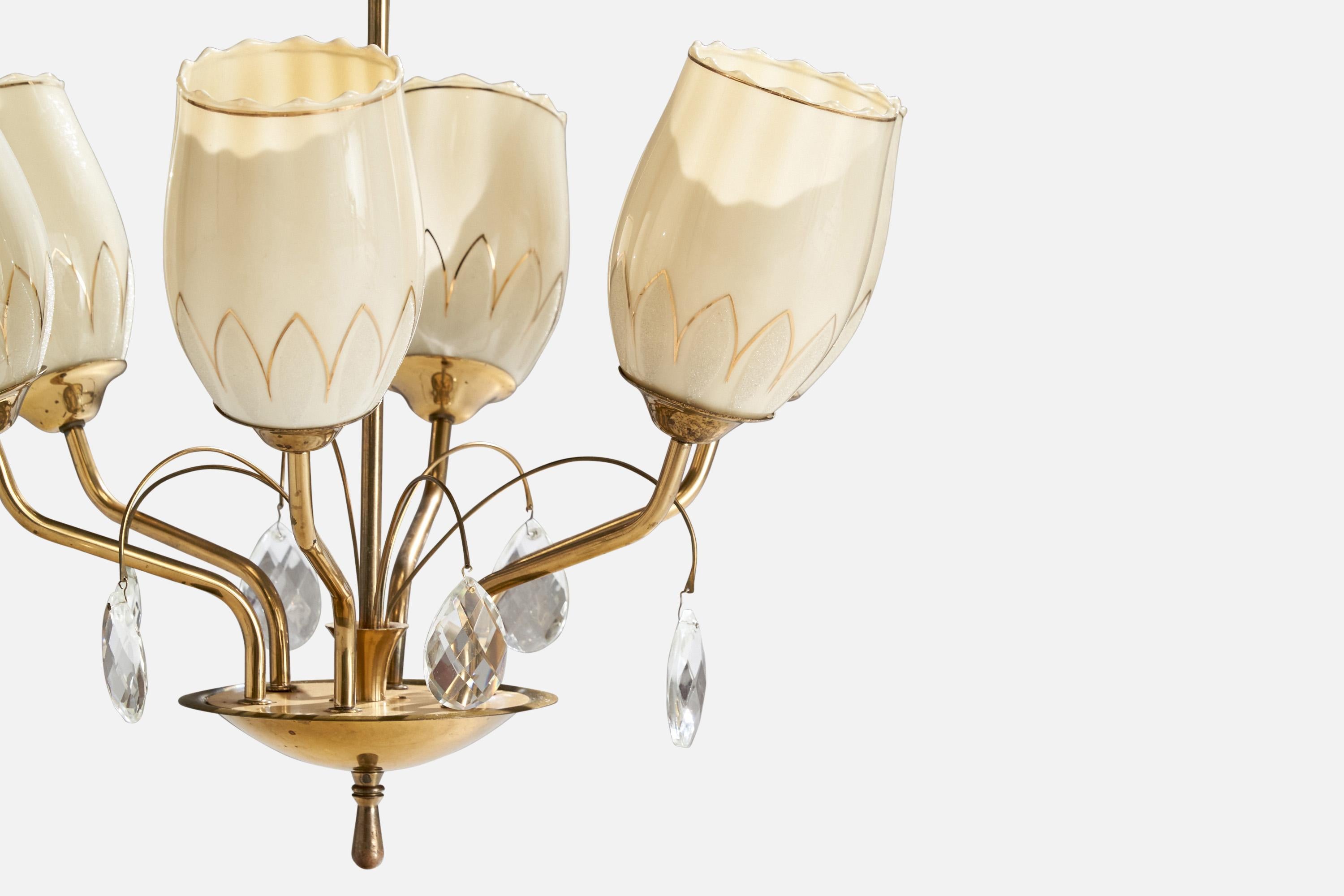 Mid-20th Century Itsu, Chandelier, Brass, Glass, Finland, 1940s For Sale