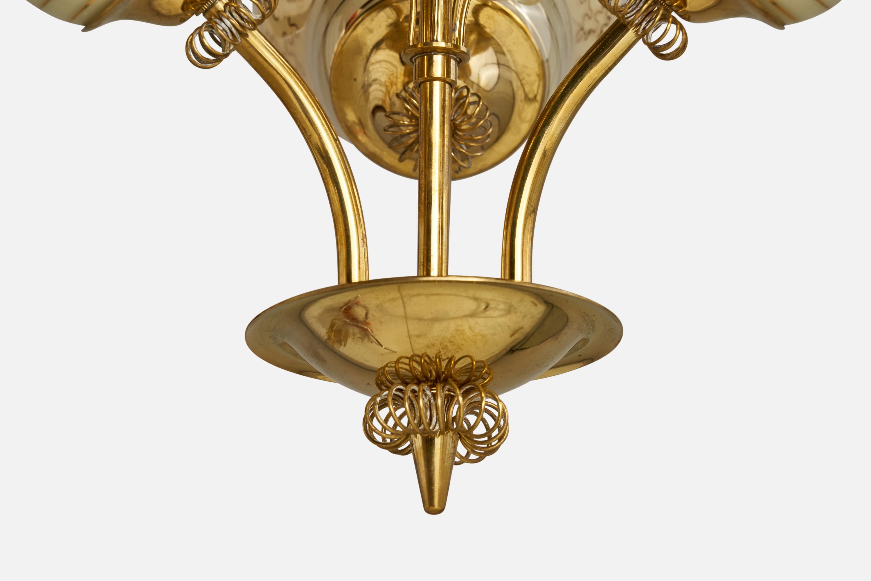 ITSU, Chandelier, Brass, Glass, Finland, 1940s For Sale 1