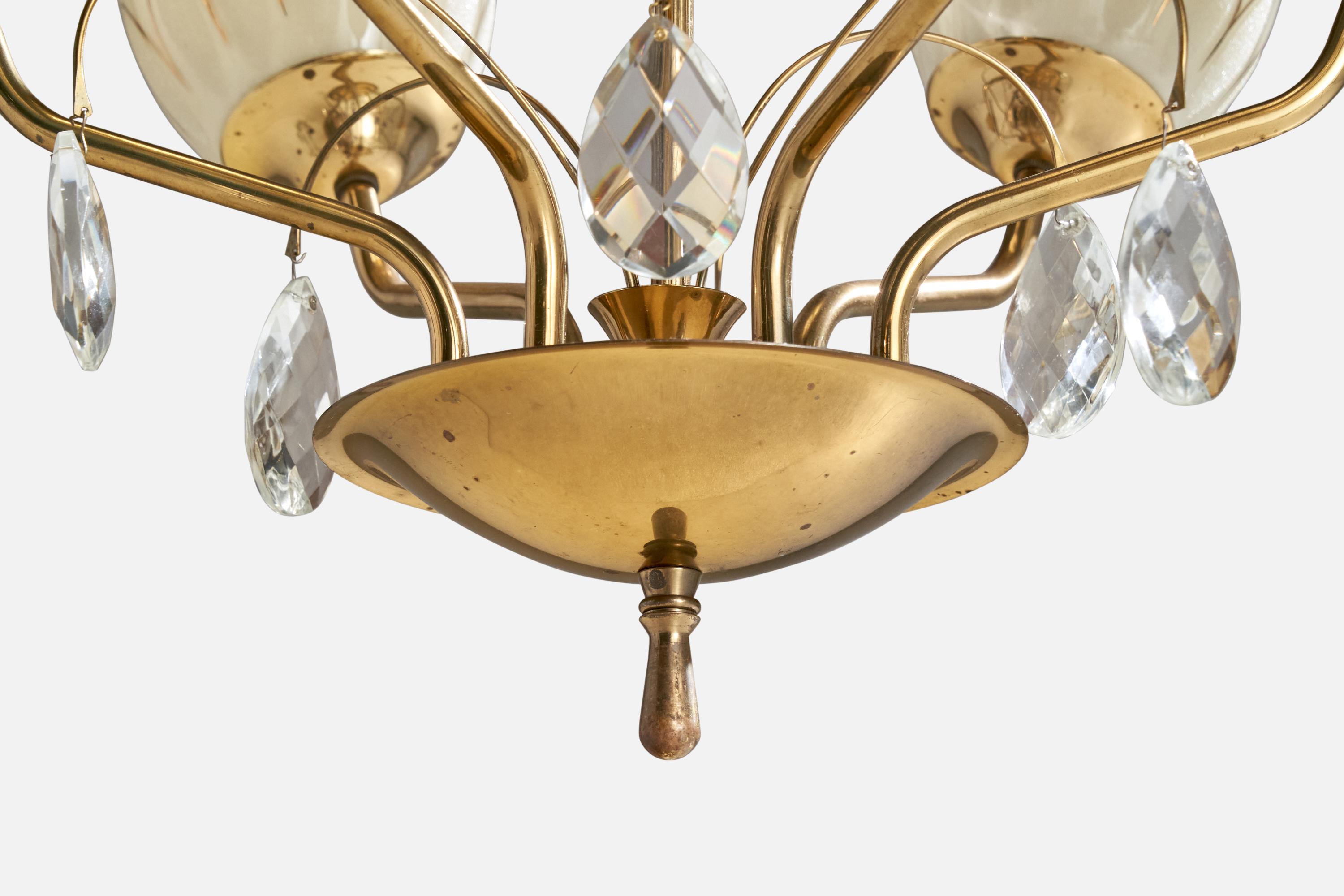 Itsu, Chandelier, Brass, Glass, Finland, 1940s For Sale 2