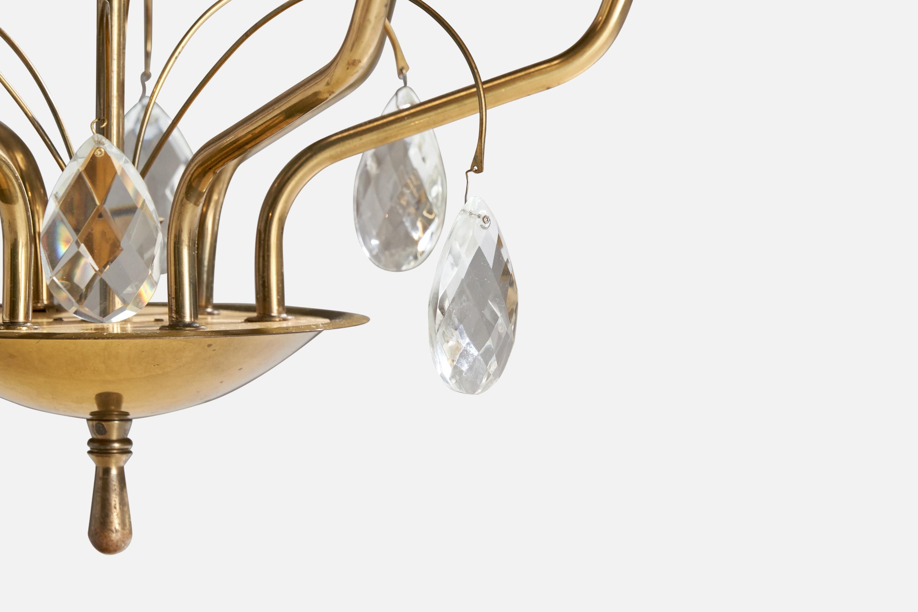 Itsu, Chandelier, Brass, Glass, Finland, 1940s For Sale 3
