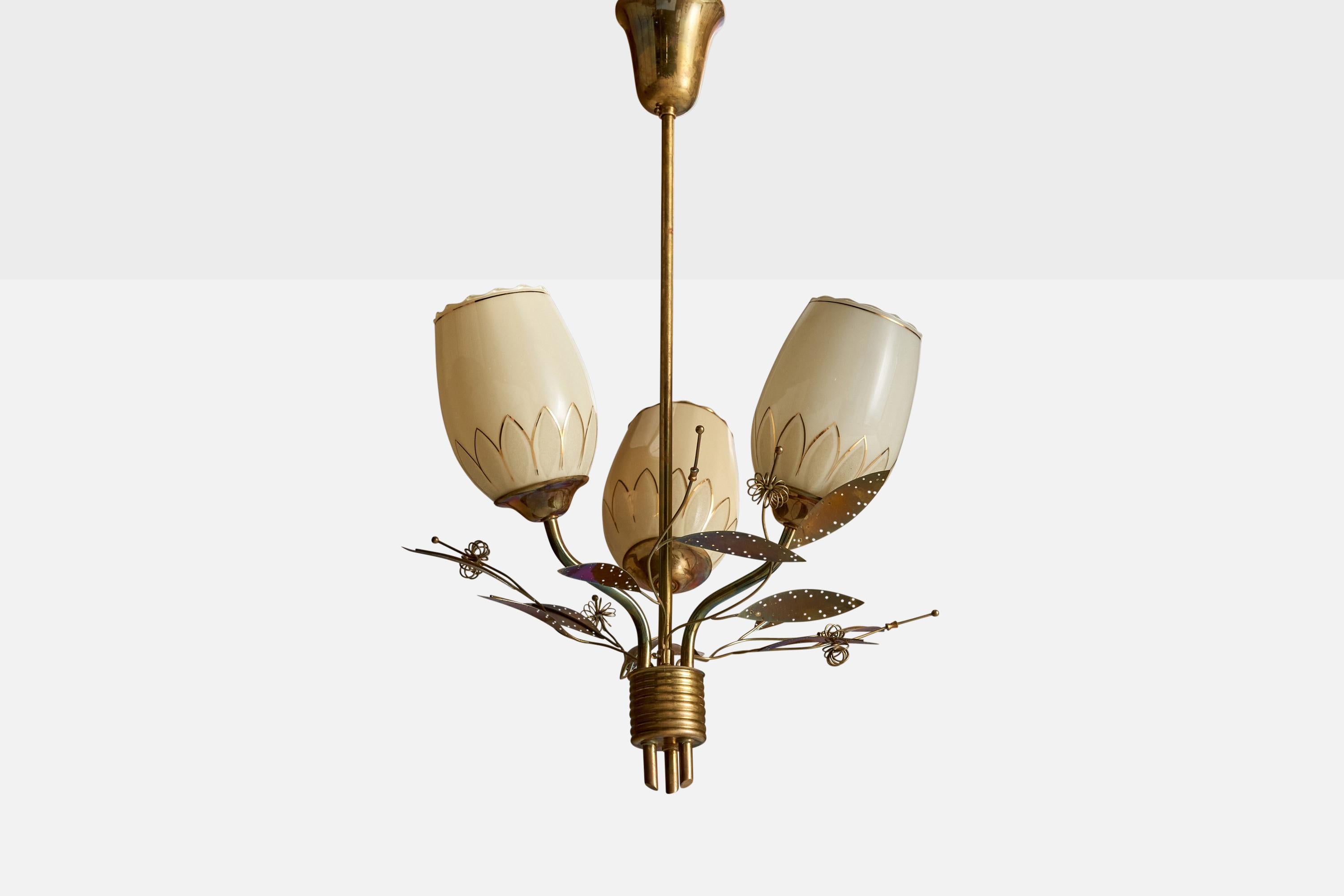 A brass and gilt opaline glass chandelier produced by ITSU, Finland, c. 1950s.

Overall Dimensions (inches): 25.25” H x  16” Diameter
Dimensions of Canopy:  4.5” H x 4” W x 4” D
Stem length: 17” H
Bulb Specifications: E-26  Bulbs
Number of Sockets: