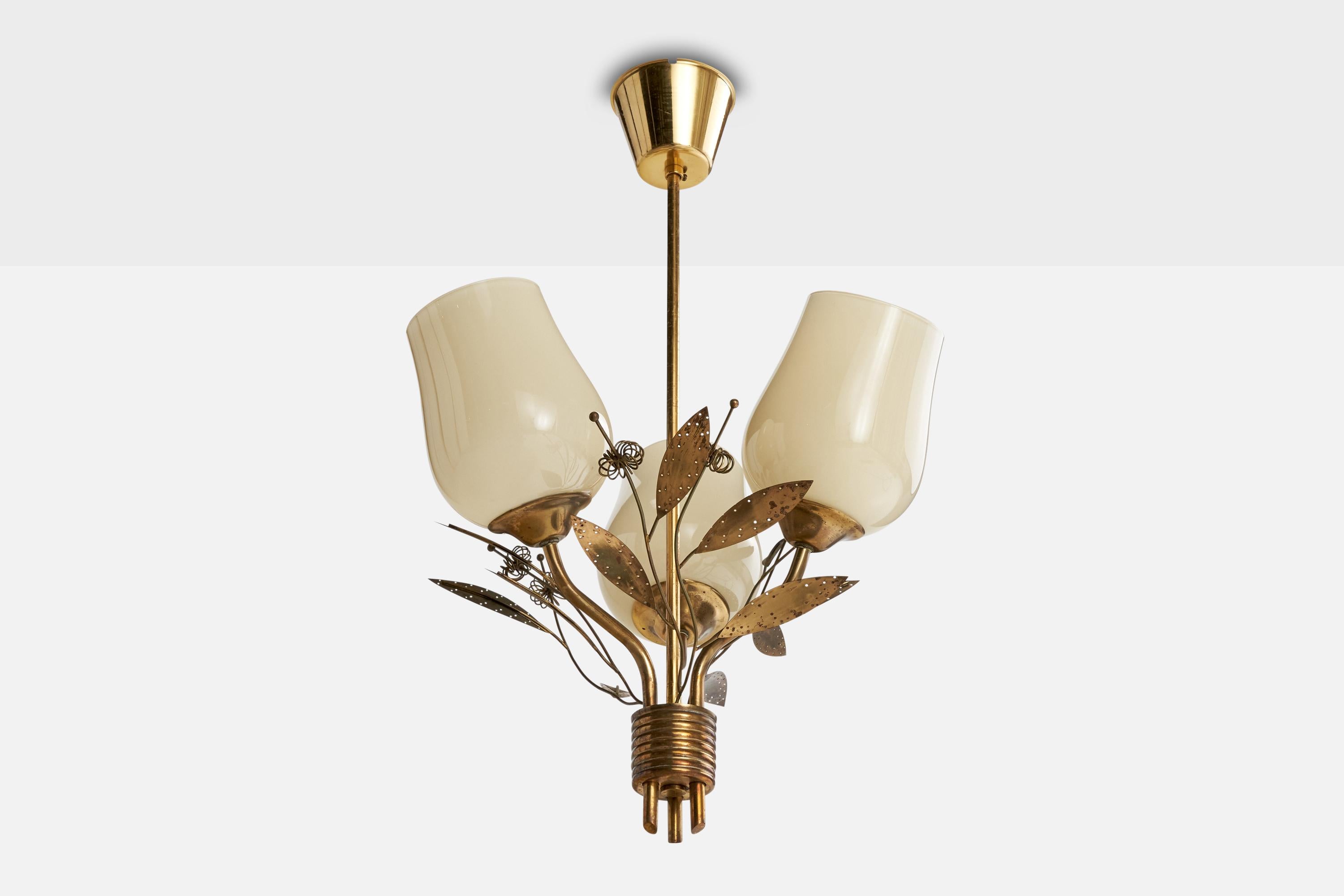 A brass and off-white opaline glass chandelier produced by ITSU, Finland, 1950s.

Overall Dimensions (inches): 20.875” H x  14” Diameter

Dimensions of Canopy:  3” H x 3.75” diameter

Stem length: 14” H

Bulb Specifications: E-12, E-14, E-26 