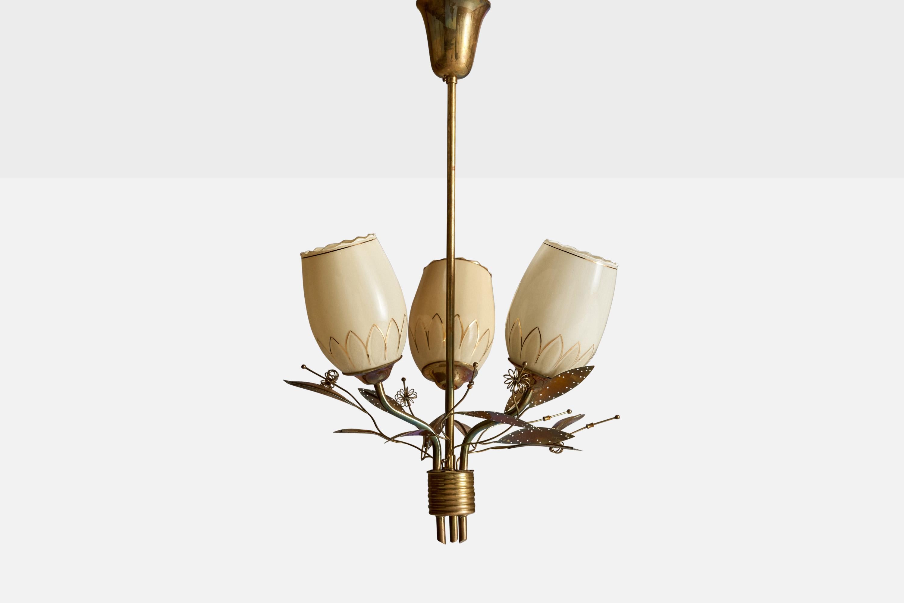 Scandinavian Modern ITSU, Chandelier, Brass, Glass, Finland, 1950s