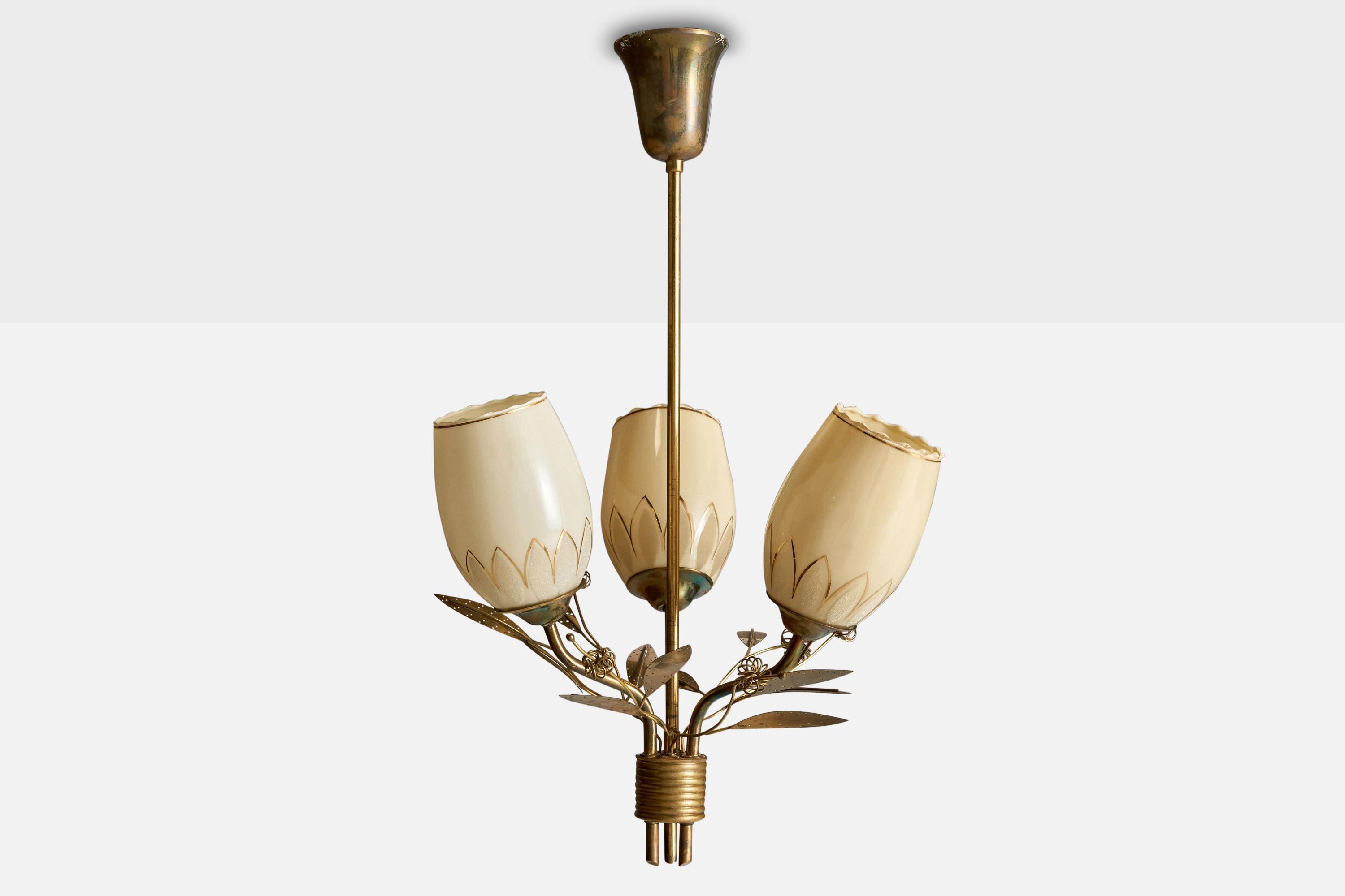 Scandinavian Modern ITSU, Chandelier, Brass, Glass, Finland, 1950s For Sale