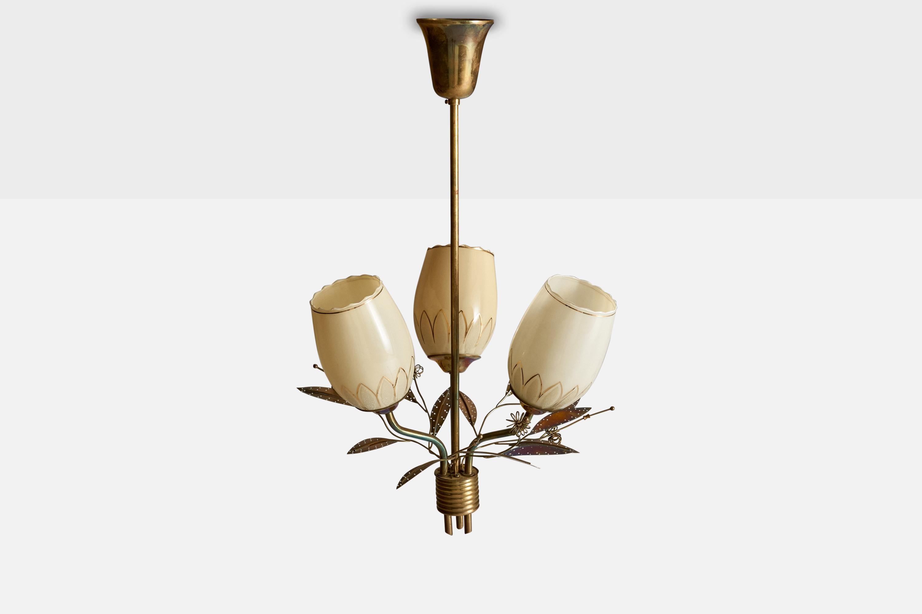 Finnish ITSU, Chandelier, Brass, Glass, Finland, 1950s
