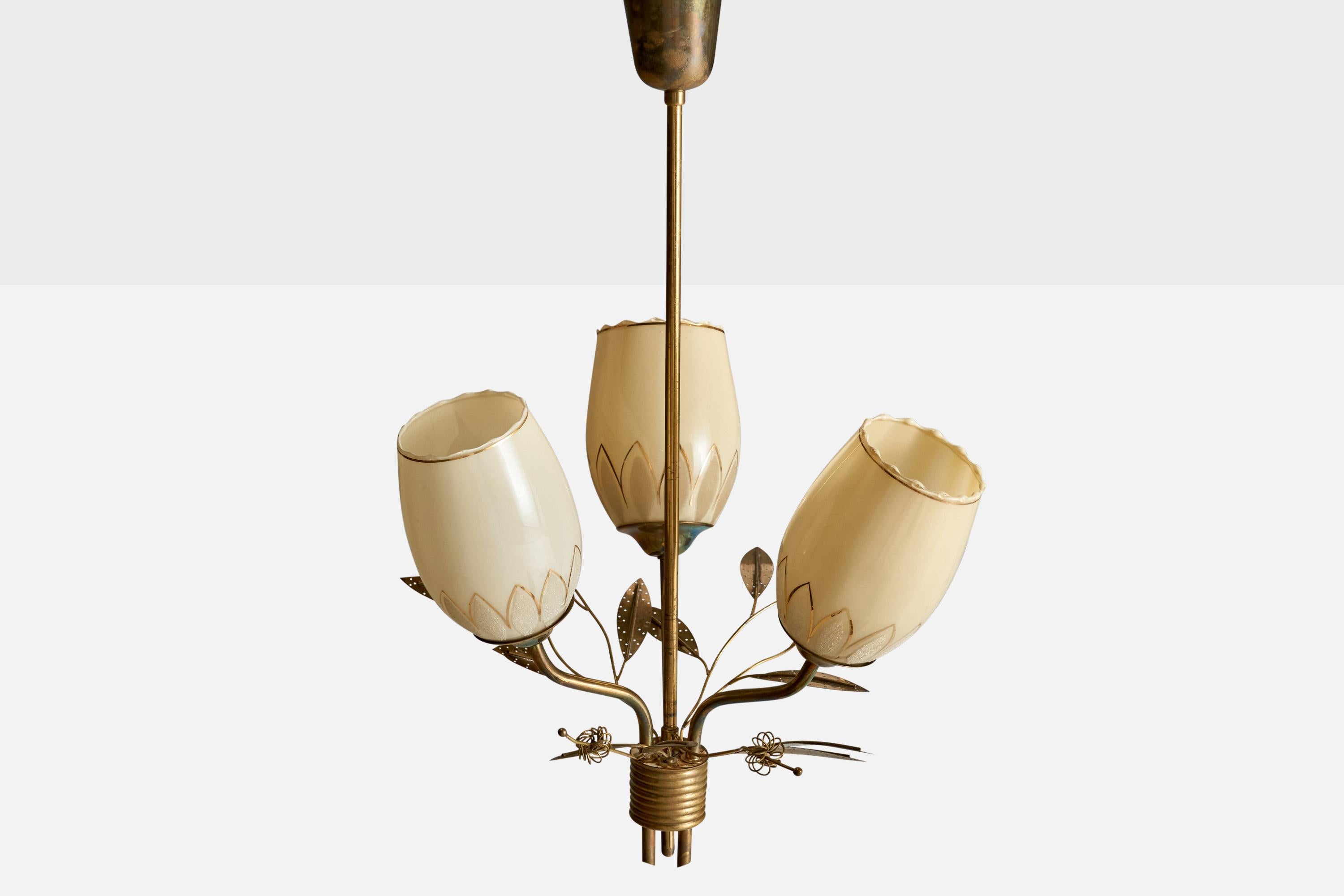 Finnish ITSU, Chandelier, Brass, Glass, Finland, 1950s For Sale