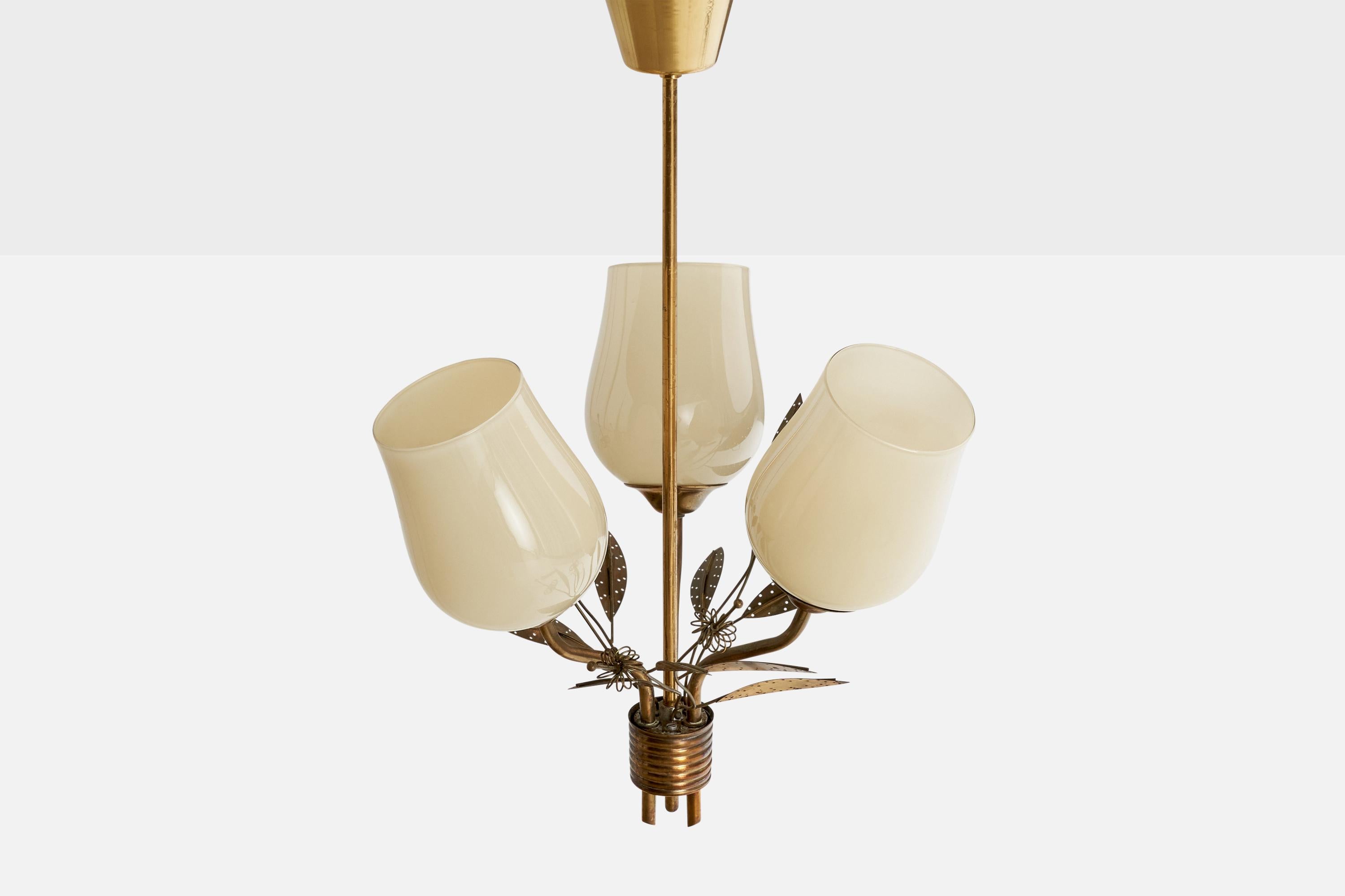 Finnish ITSU, Chandelier, Brass, Glass, Finland, 1950s For Sale