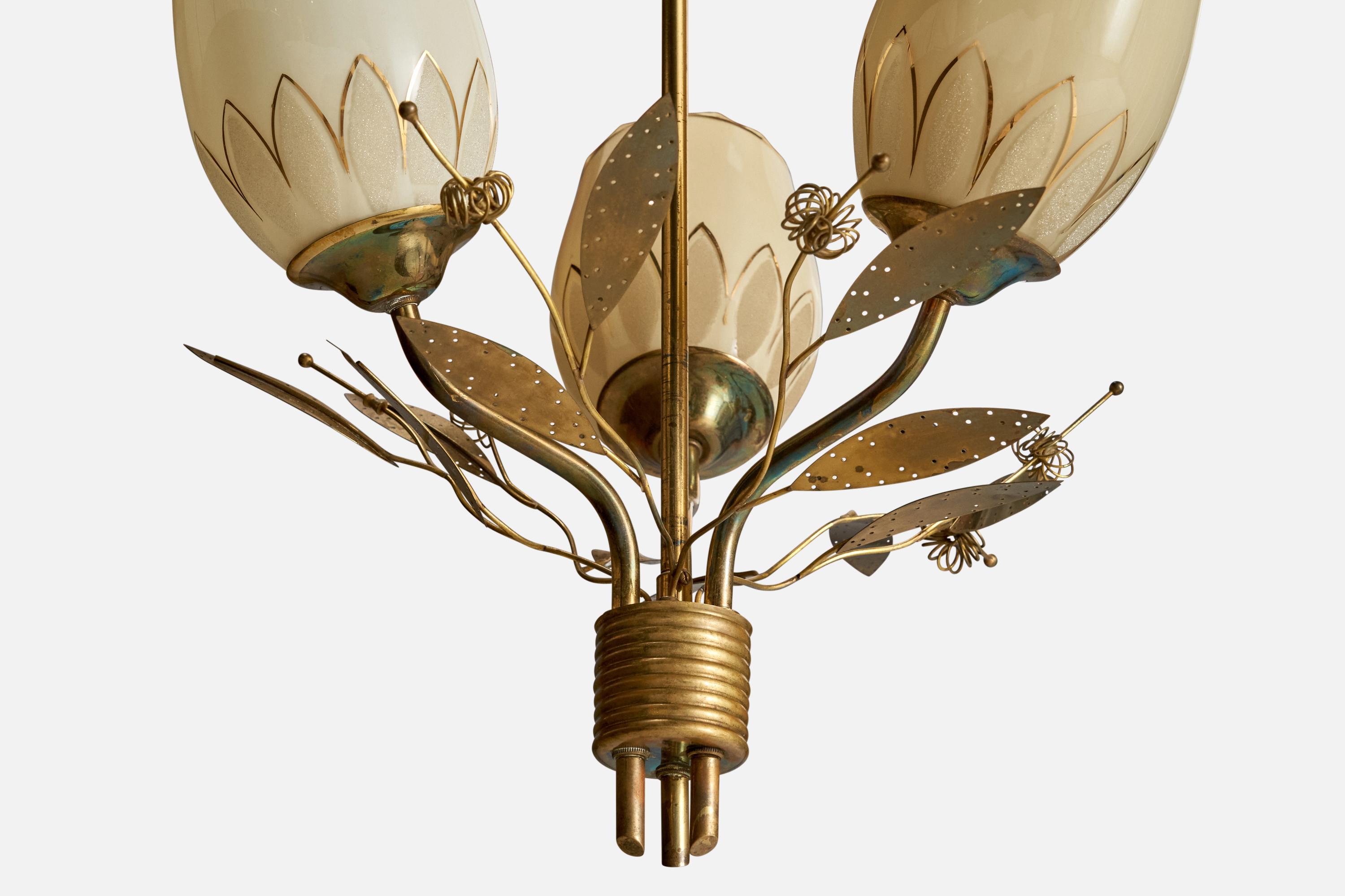 Mid-20th Century ITSU, Chandelier, Brass, Glass, Finland, 1950s For Sale