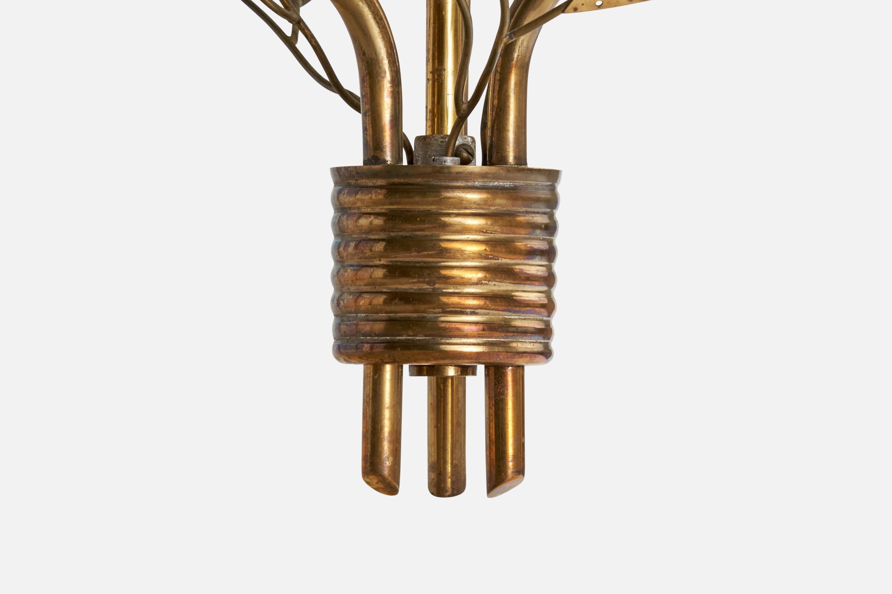 Mid-20th Century ITSU, Chandelier, Brass, Glass, Finland, 1950s For Sale