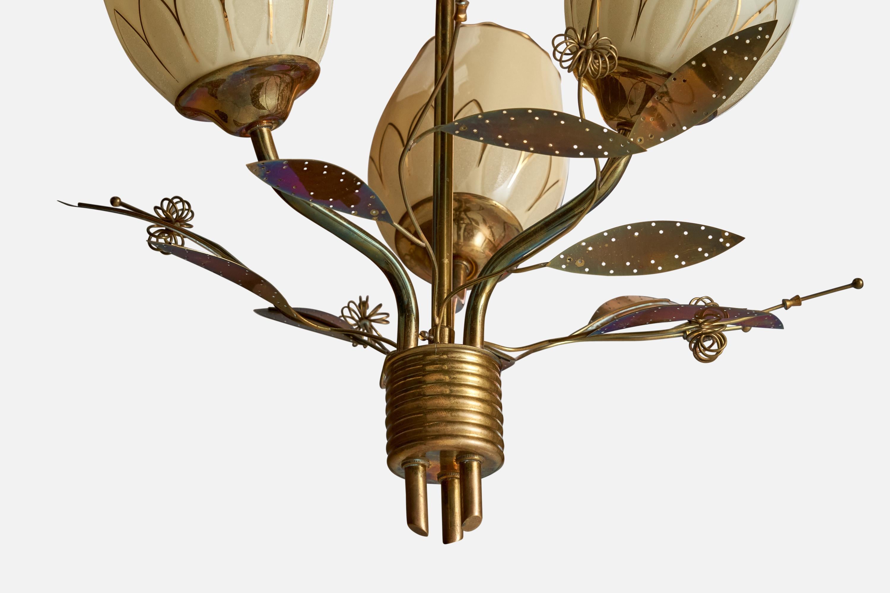 ITSU, Chandelier, Brass, Glass, Finland, 1950s 1