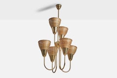 Itsu, Chandelier, Brass, Rattan, Finland, 1950s