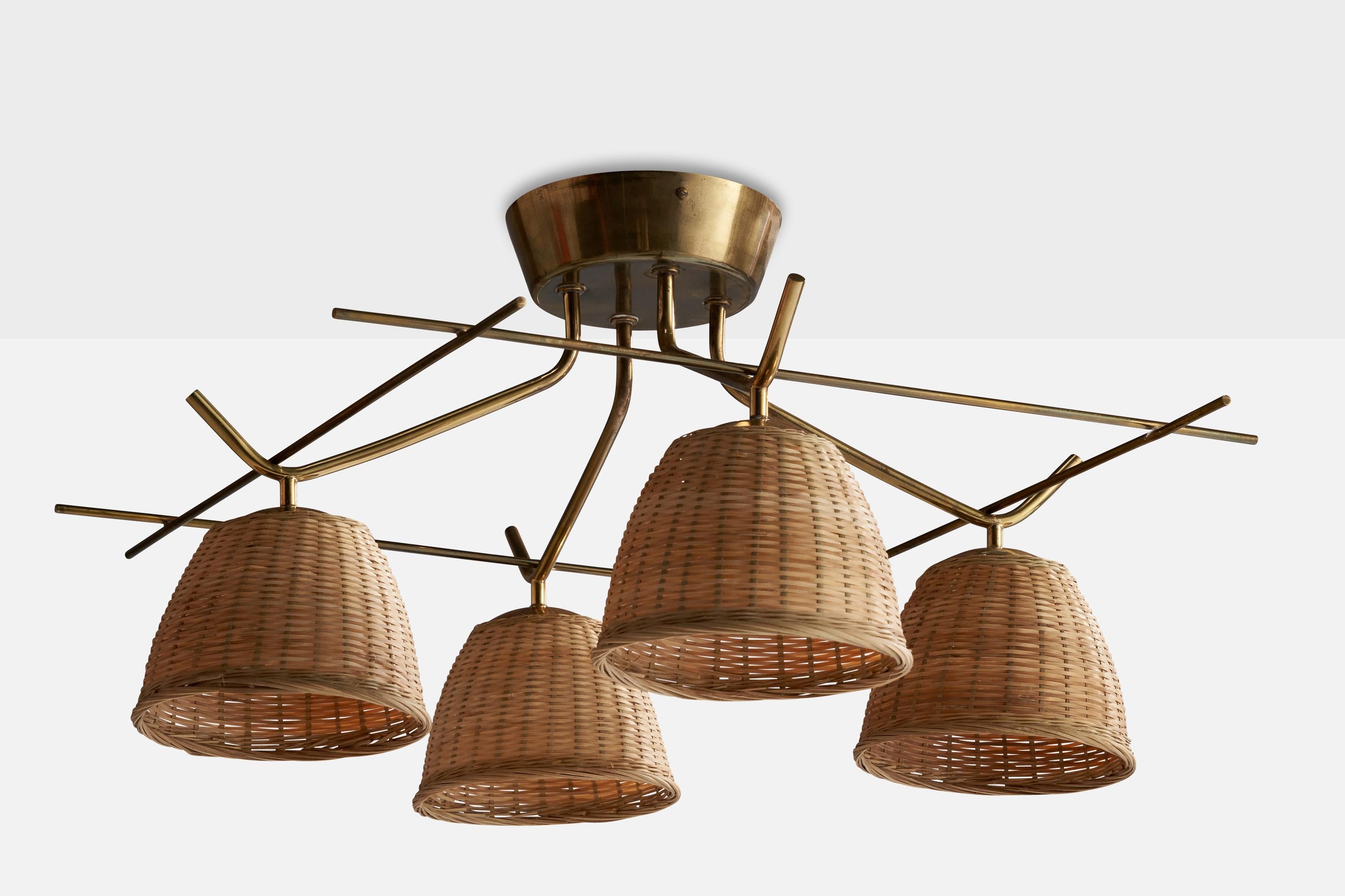 A brass and rattan chandelier designed and produced by Itsu, Finland, c. 1950s.

Dimensions of canopy (inches): 2.1” H x 6.65” Diameter
Socket takes standard E-26 bulbs. 4 sockets.There is no maximum wattage stated on the fixture. All lighting will